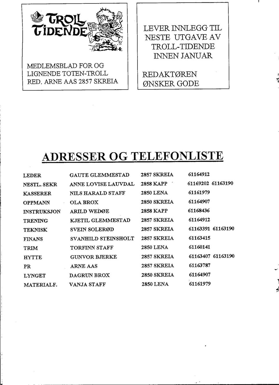 SEKR ANNE LOVISE LAUVDAL 2858 KAPP 61169202 61163190 KASSERER NILS HARALD STATE 2850 LENA 61161979 OPPMANN OLABROX 2850 SKREIA 61164907 mstruksjon ARILD WED0E 2858 KAPP 61168436 TRENING