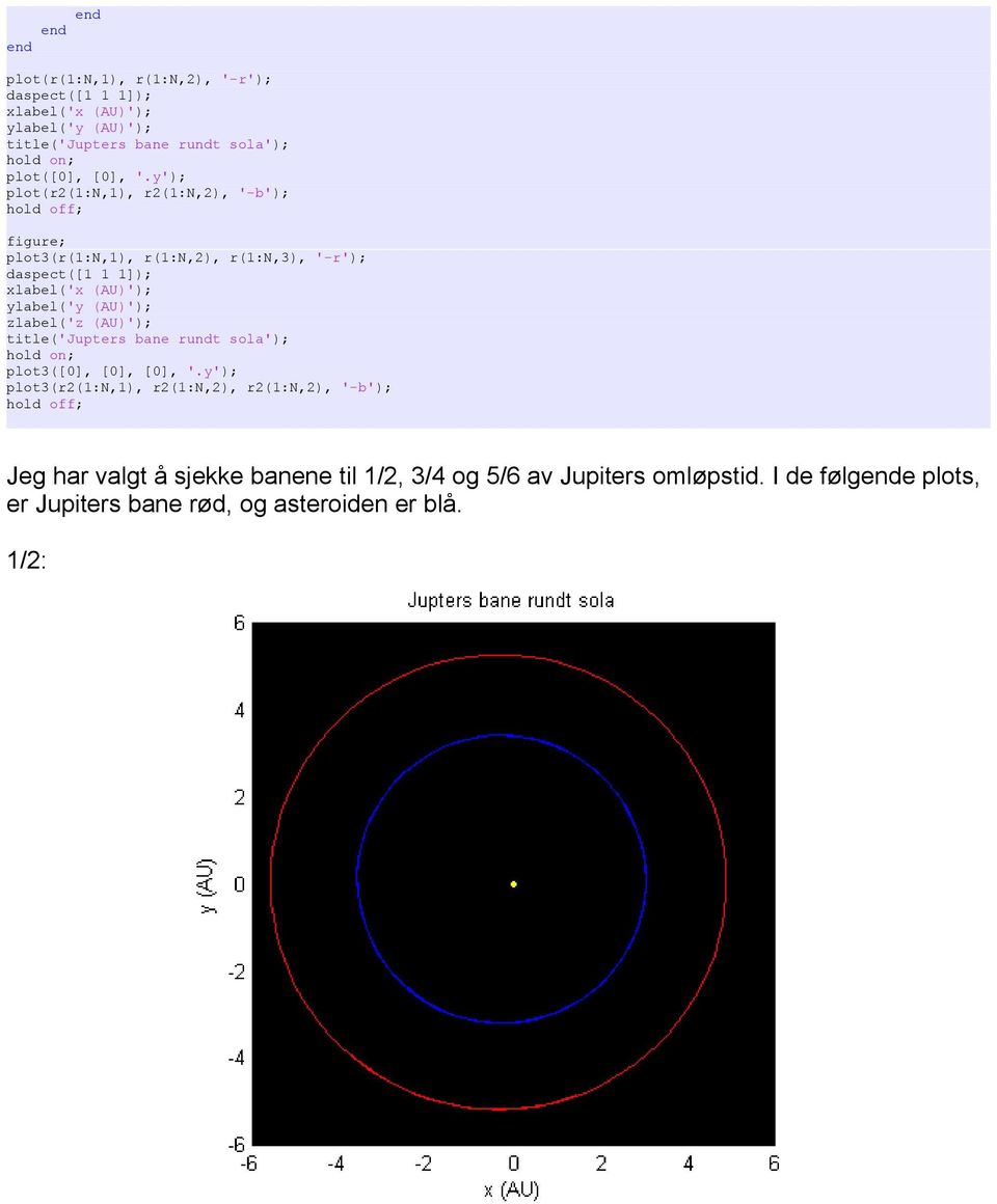 (AU)'); zlabel('z (AU)'); title('jupters bane rundt sola'); hold on; plot3([0], [0], [0], '.