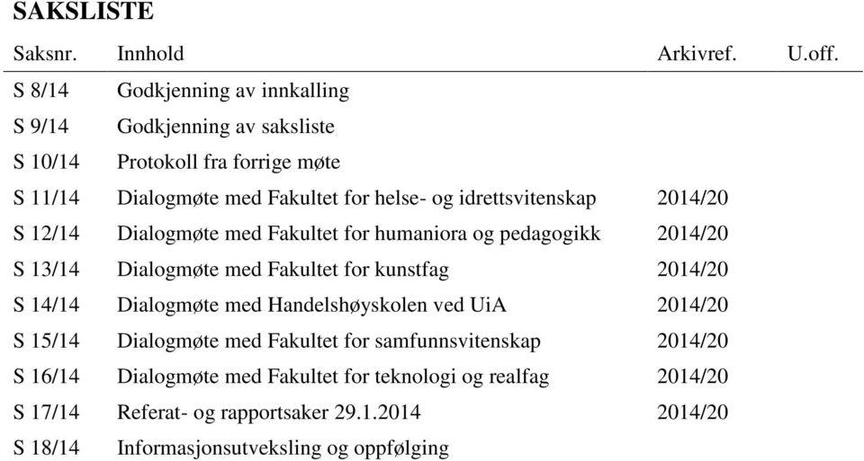 idrettsvitenskap 2014/20 S 12/14 Dialogmøte med Fakultet for humaniora og pedagogikk 2014/20 S 13/14 Dialogmøte med Fakultet for kunstfag 2014/20 S 14/14