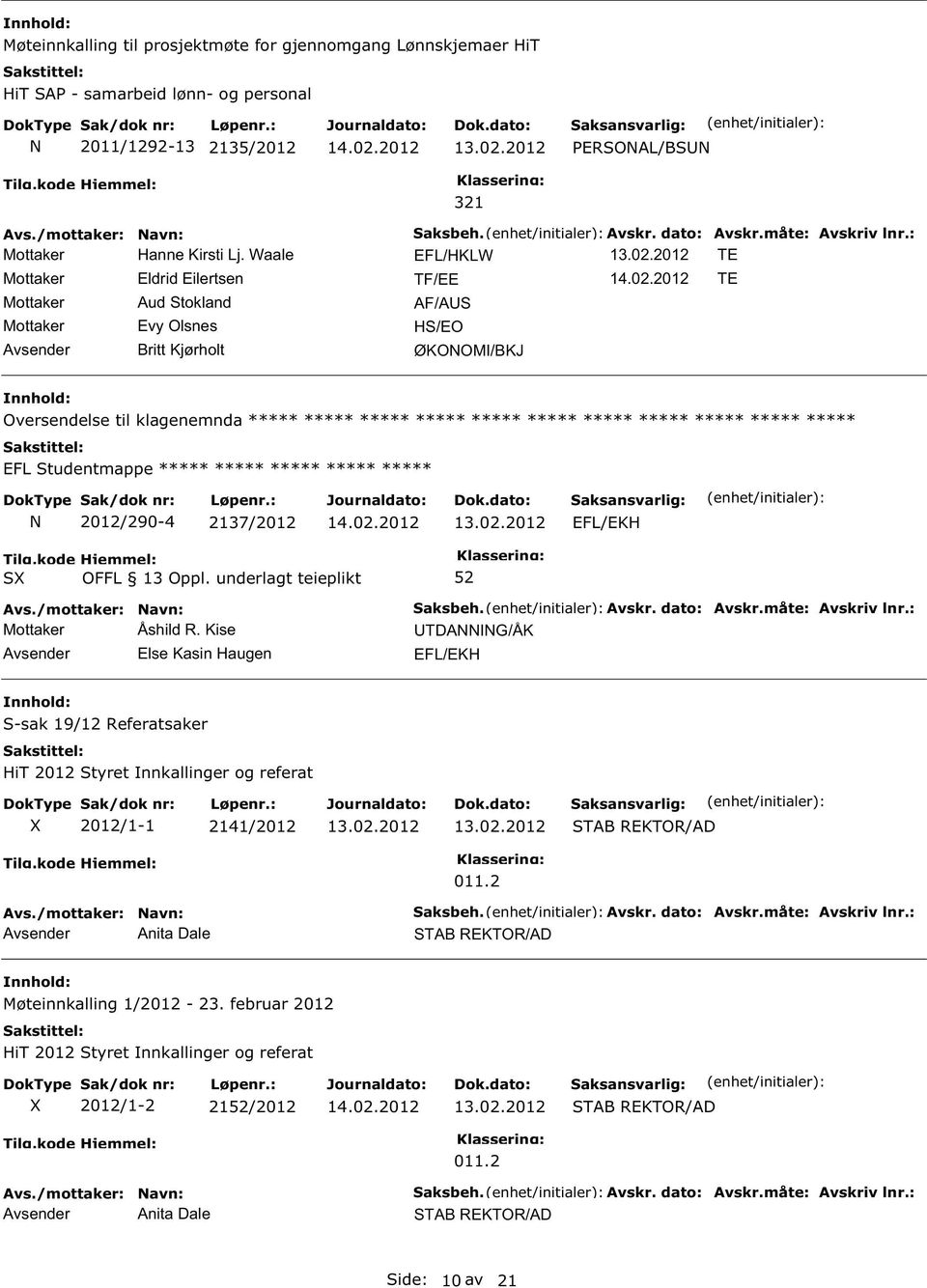 Waale EFL/HKLW TE Mottaker Eldrid Eilertsen TF/EE TE Mottaker Aud Stokland AF/AUS Mottaker Evy Olsnes HS/EO Avsender Britt Kjørholt ØKOOMI/BKJ Oversendelse til klagenemnda ***** ***** ***** *****