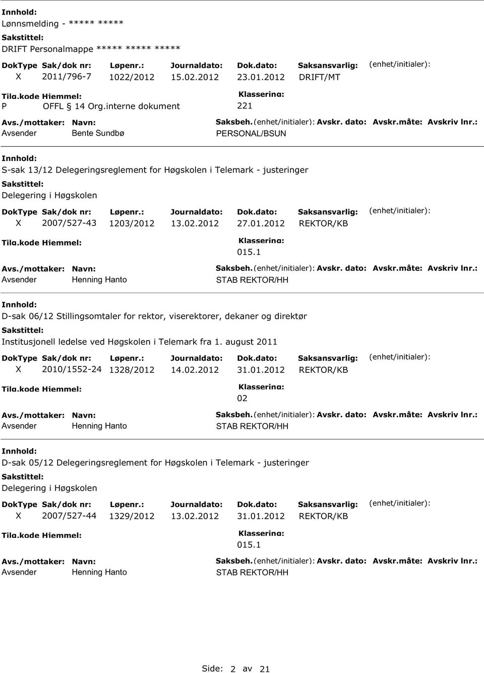 Avskr. dato: Avskr.måte: Avskriv lnr.: STAB REKTOR/HH D-sak 06/12 Stillingsomtaler for rektor, viserektorer, dekaner og direktør Institusjonell ledelse ved Høgskolen i Telemark fra 1.