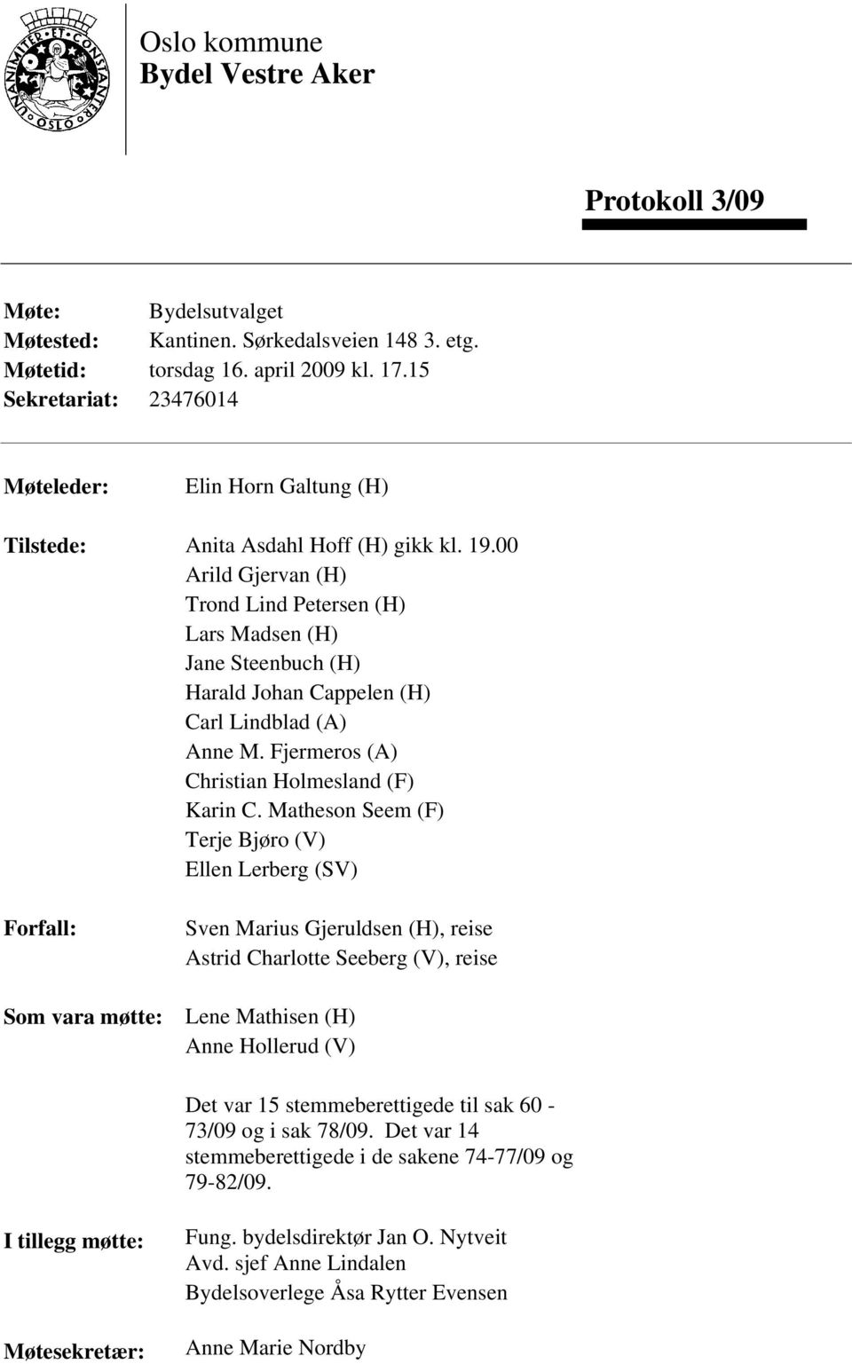 00 Arild Gjervan (H) Trond Lind Petersen (H) Lars Madsen (H) Jane Steenbuch (H) Harald Johan Cappelen (H) Carl Lindblad (A) Anne M. Fjermeros (A) Christian Holmesland (F) Karin C.