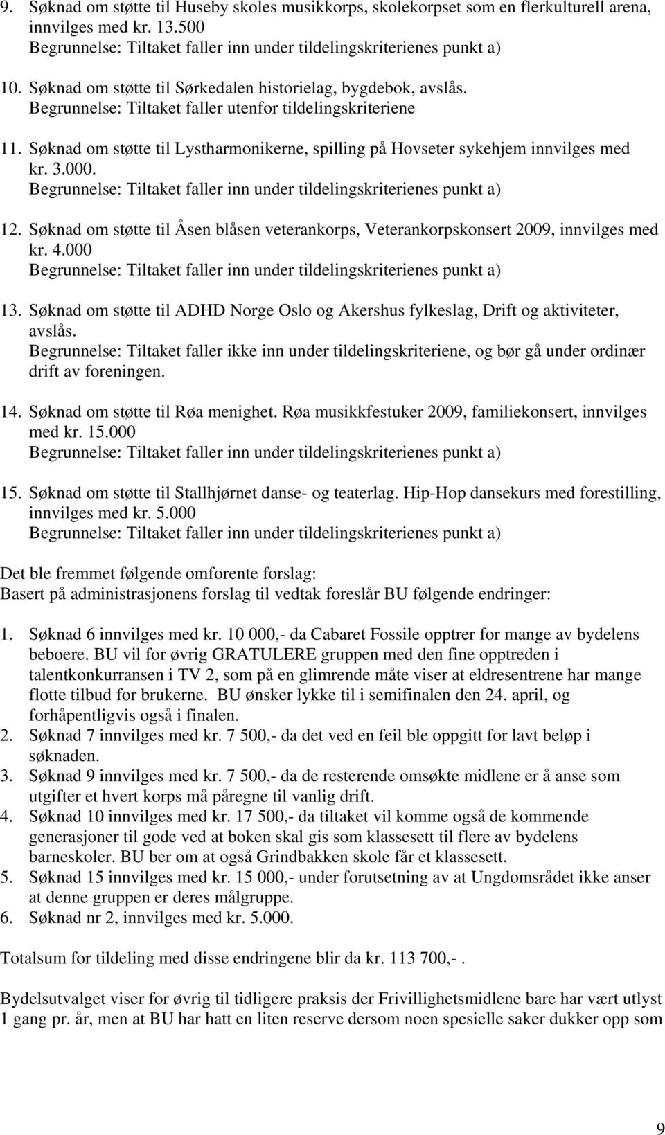 Søknad om støtte til Åsen blåsen veterankorps, Veterankorpskonsert 2009, innvilges med kr. 4.000 13. Søknad om støtte til ADHD Norge Oslo og Akershus fylkeslag, Drift og aktiviteter, avslås.