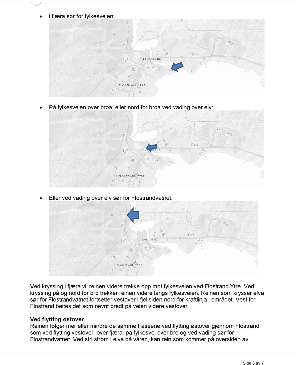 Reinen som krysser elva sør for Flostrandvatnet fortsetter vestover i fjellsiden nord for kraftlinja i området. Vest for Flostrand beites det som nevnt bredt på veien videre vestover.