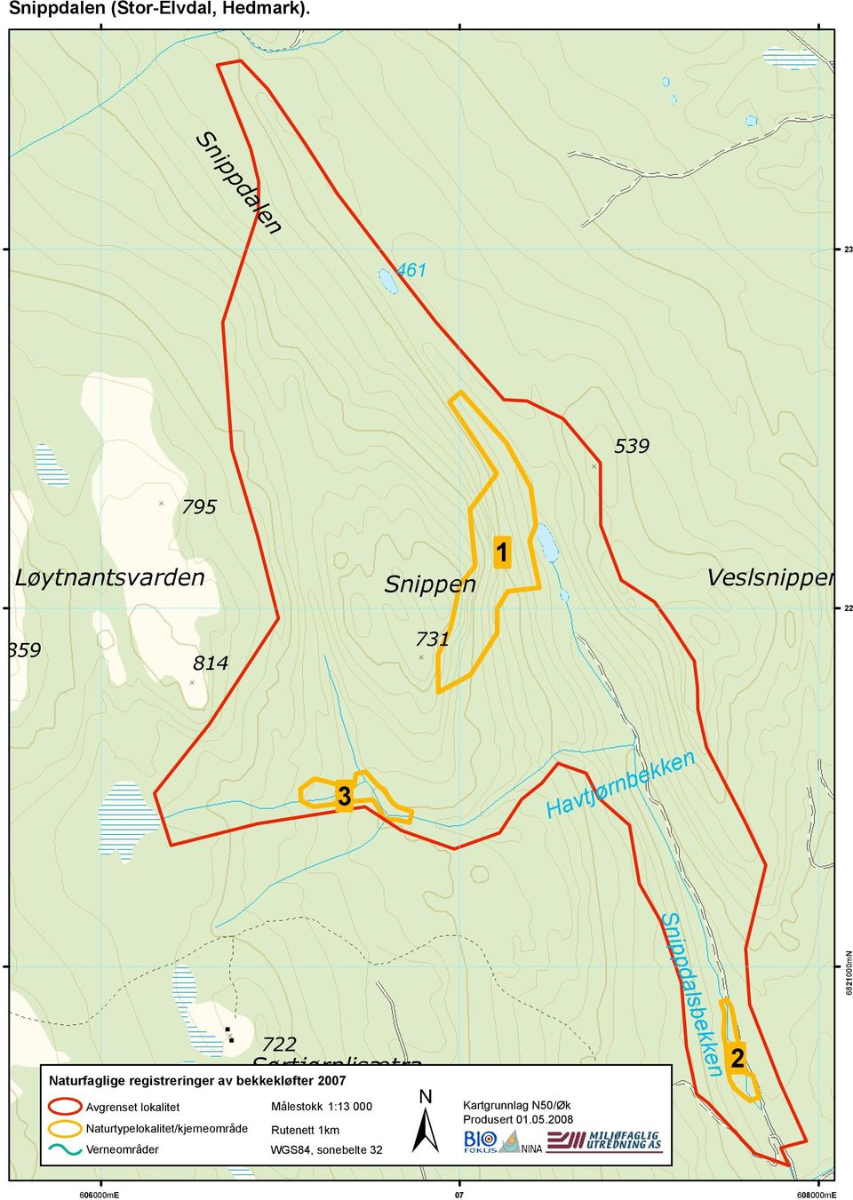 Havtjørnbekken Snippdalsbekken 6821000mN 722 Sørtjørnlisætra Naturfaglige registreringer av bekkekløfter