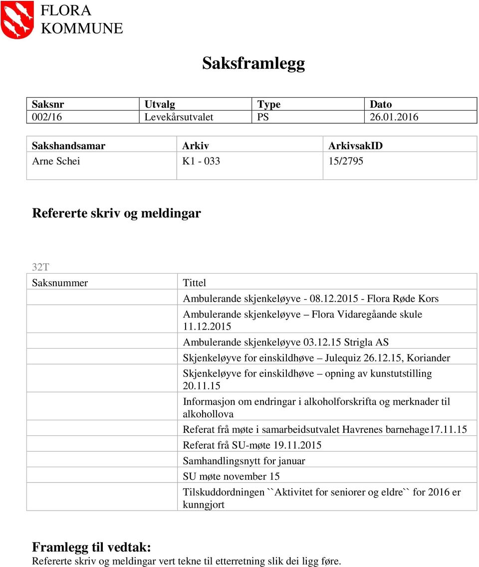 2015 - Flora Røde Kors Ambulerande skjenkeløyve Flora Vidaregåande skule 11.12.2015 Ambulerande skjenkeløyve 03.12.15 Strigla AS Skjenkeløyve for einskildhøve Julequiz 26.12.15, Koriander Skjenkeløyve for einskildhøve opning av kunstutstilling 20.