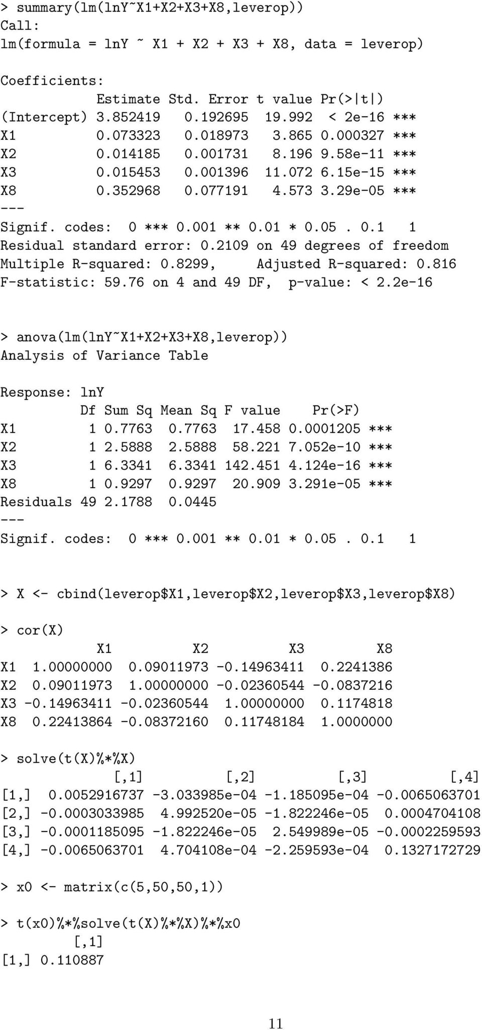 codes: 0 *** 0.001 ** 0.01 * 0.05. 0.1 1 Residual standard error: 0.2109 on 49 degrees of freedom Multiple R-squared: 0.8299, Adjusted R-squared: 0.816 F-statistic: 59.76 on 4 and 49 DF, p-value: < 2.