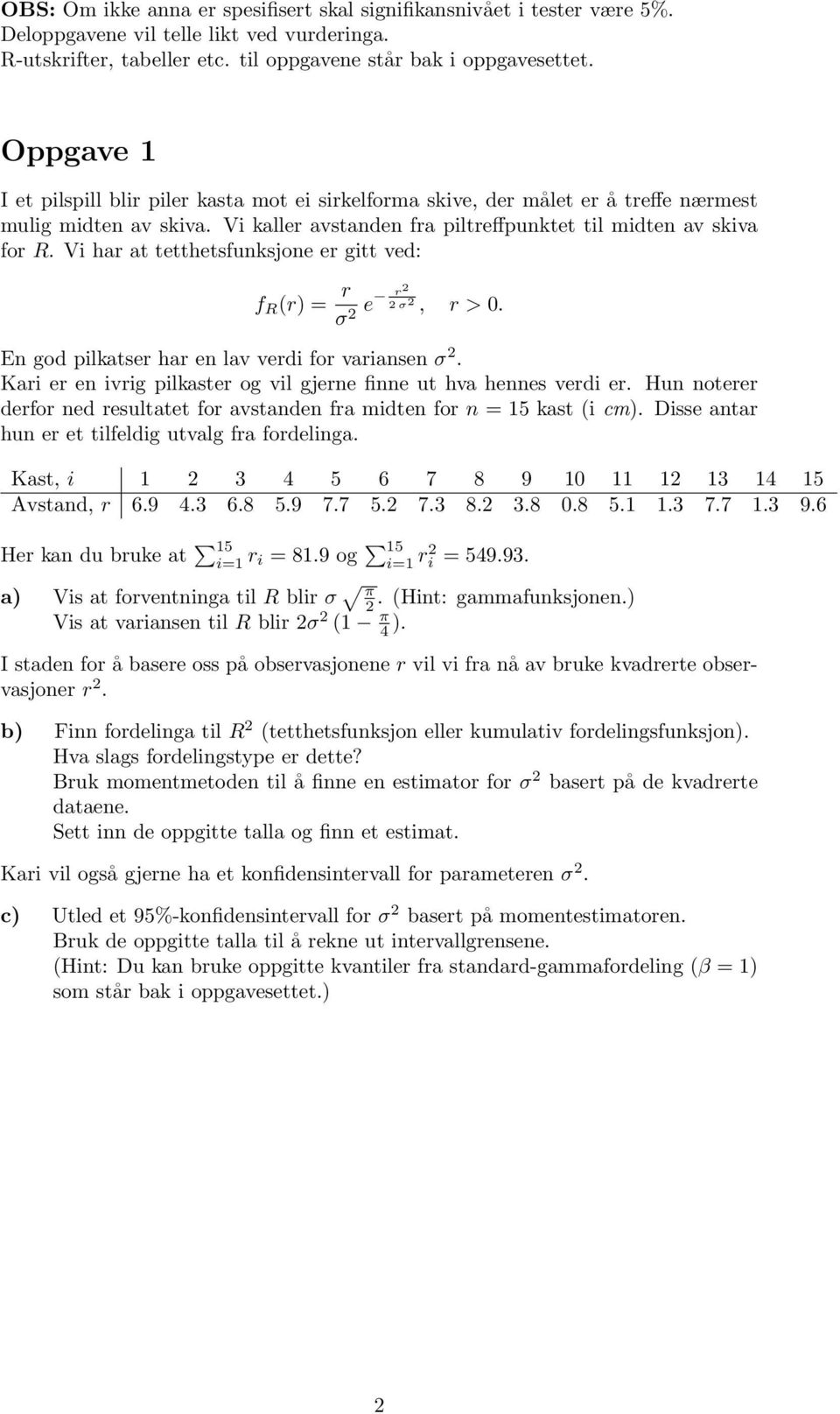 Vi har at tetthetsfunksjone er gitt ved: f R (r) = r r 2 σ 2 e 2 σ 2, r > 0. En god pilkatser har en lav verdi for variansen σ 2. Kari er en ivrig pilkaster og vil gjerne finne ut hva hennes verdi er.