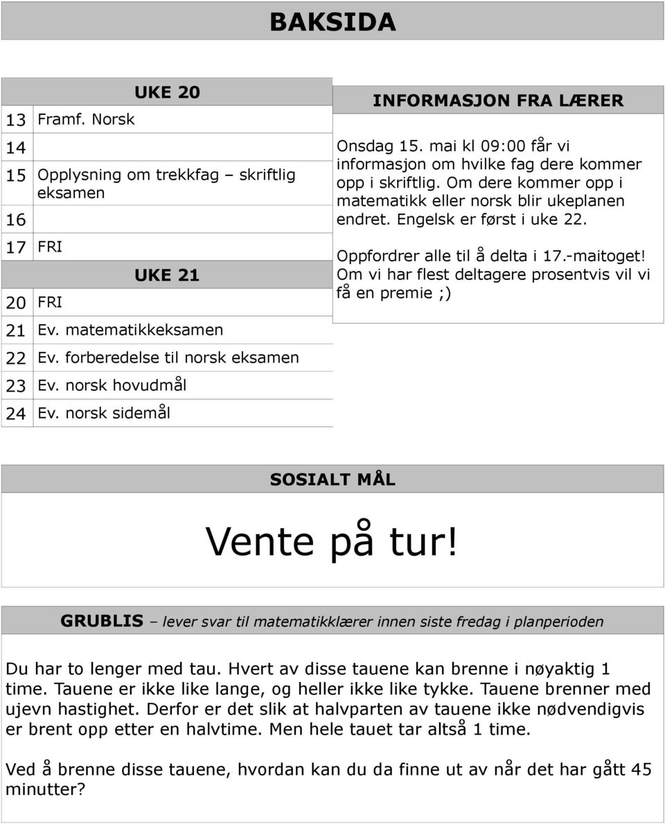 Engelsk er først i uke 22. Oppfordrer alle til å delta i 17.-maitoget! Om vi har flest deltagere prosentvis vil vi få en premie ;) SOSIALT MÅL Vente på tur!