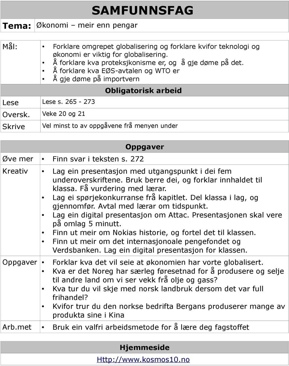 272 Kreativ Lag ein presentasjon med utgangspunkt i dei fem underoverskriftene. Bruk berre dei, og forklar innhaldet til klassa. Få vurdering med lærar. Lag ei spørjekonkurranse frå kapitlet.