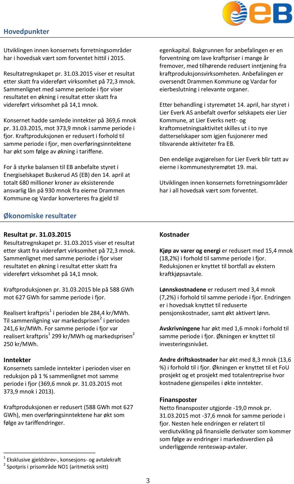 Sammenlignet med samme periode i fjor viser resultatet en økning i resultat etter skatt fra videreført virksomhet på 14,1 mnok. Konsernet hadde samlede inntekter på 369,6 mnok pr. 31.03.