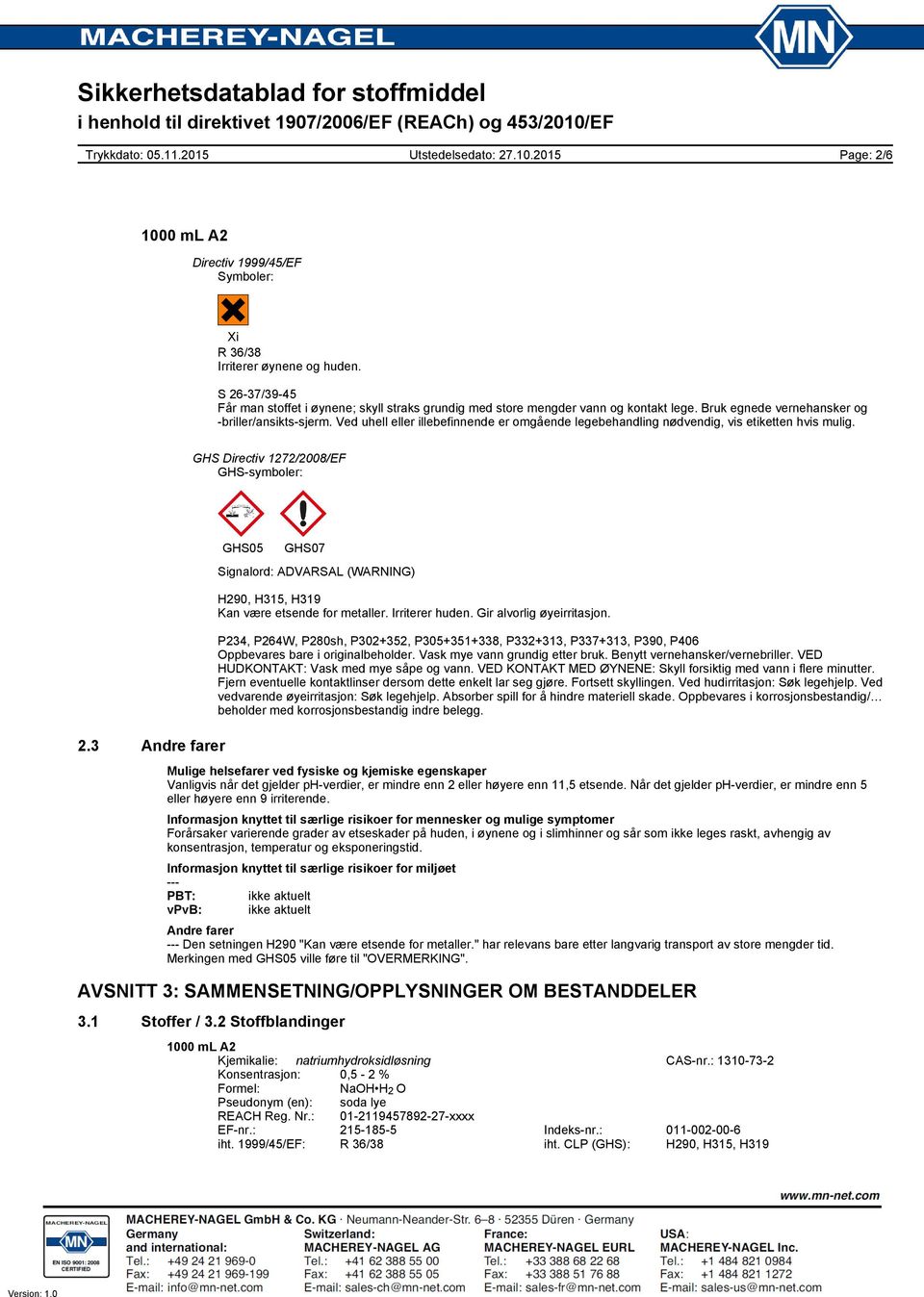 3 Andre farer GHS05 GHS07 Signalord: ADVARSAL (WARNING) H290, H315, H319 Kan være etsende for metaller. Irriterer huden. Gir alvorlig øyeirritasjon.