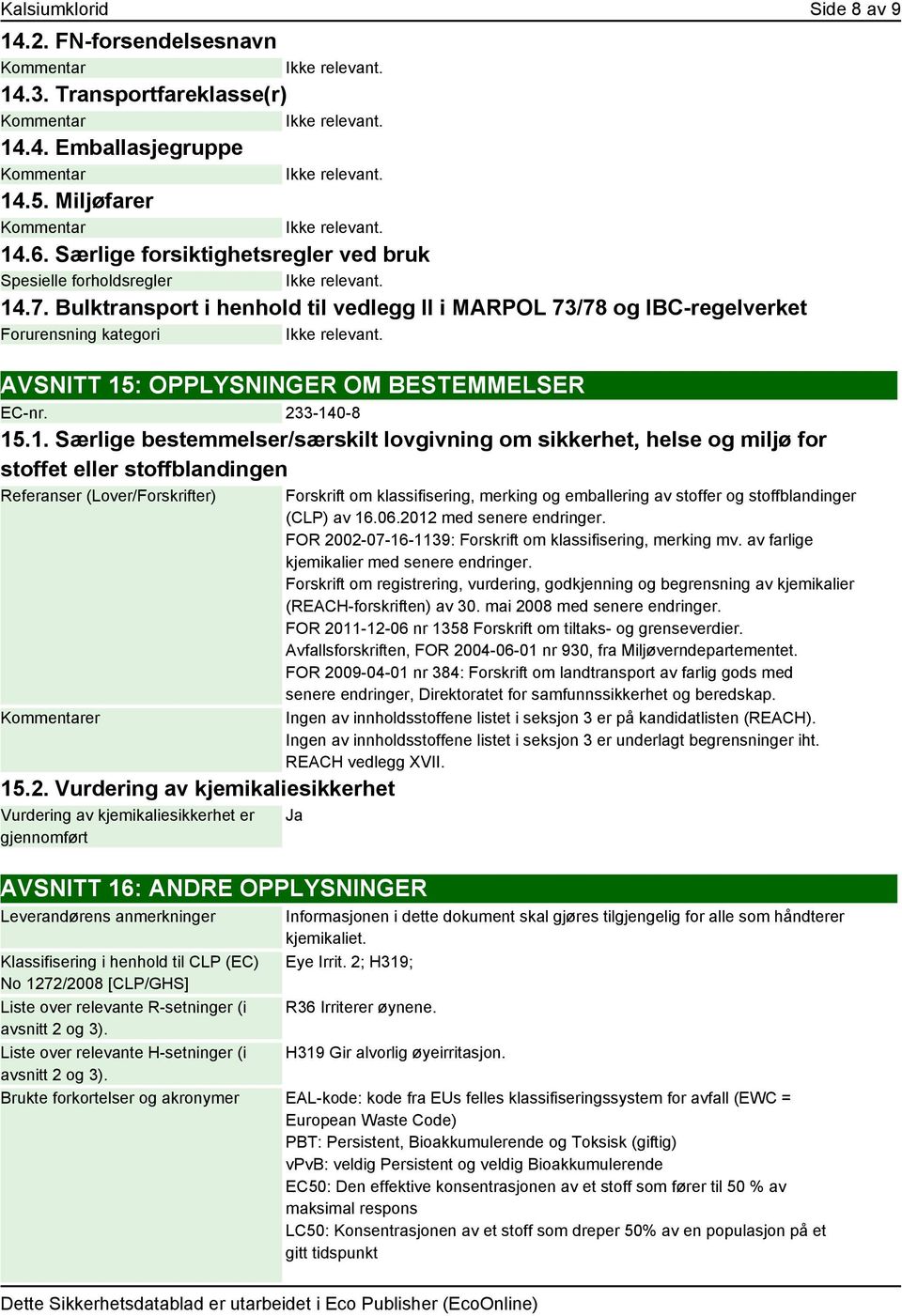 : OPPLYSNINGER OM BESTEMMELSER EC-nr. 23