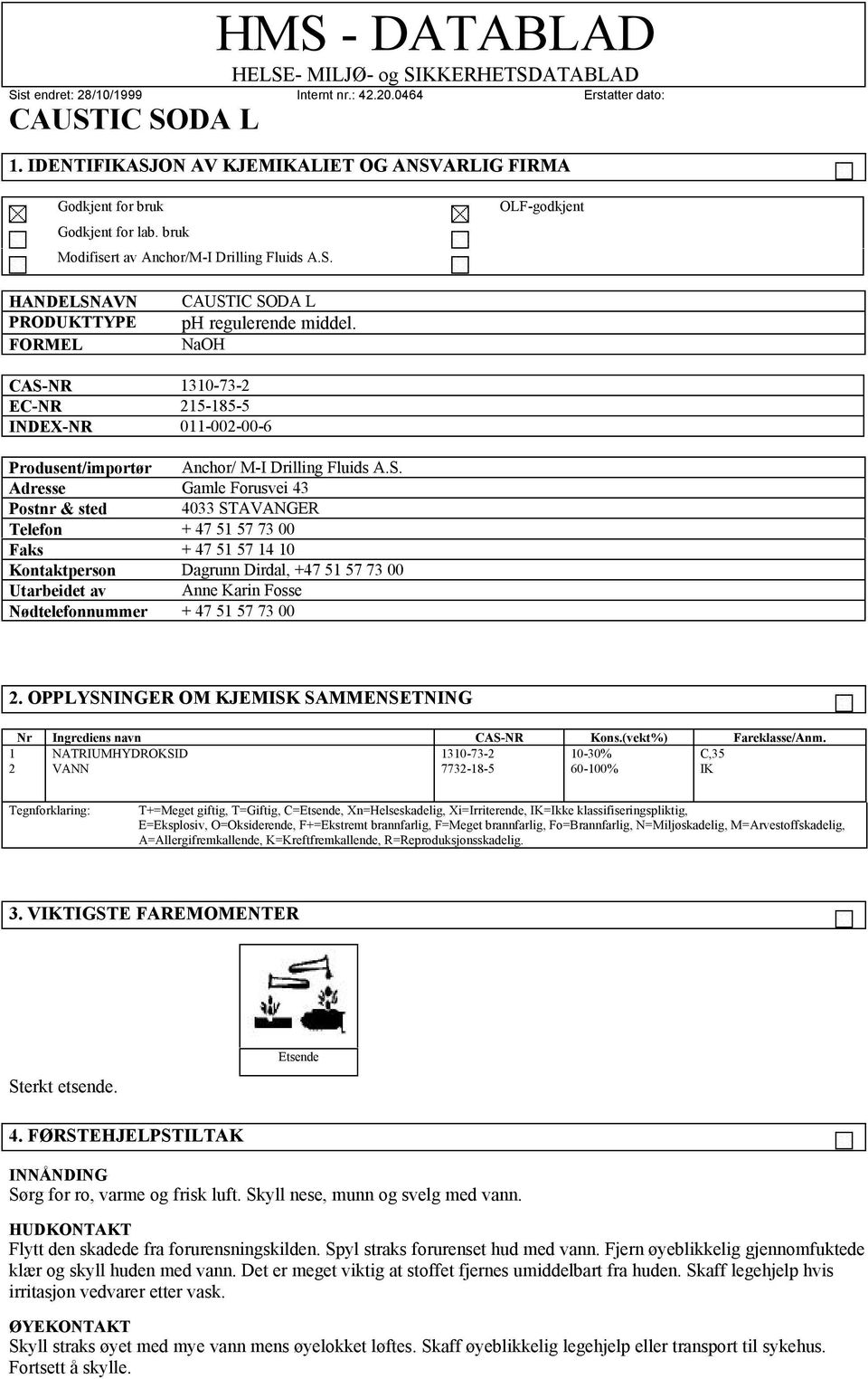 NR 1310-73-2 EC-NR 215-185-5 INDEX-NR 011-002-00-6 Produsent/importør Anchor/ M-I Drilling Fluids A.S.