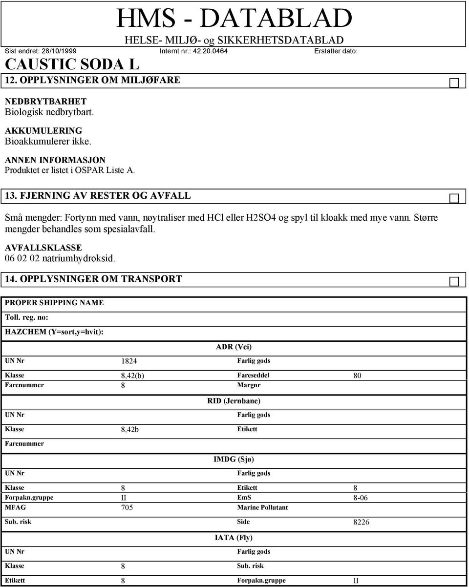 AVFALLSKLASSE 06 02 02 natriumhydroksid. 14. OPPLYSNINGER OM TRANSPORT PROPER SHIPPING NAME Toll. reg.