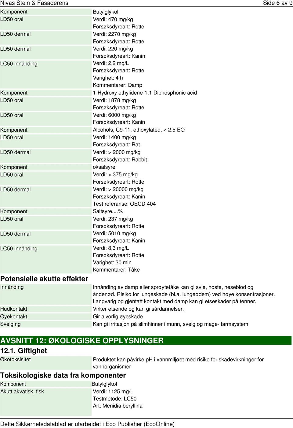 1 Diphosphonic acid Verdi: 1878 mg/kg Verdi: 6000 mg/kg Forsøksdyreart: Kanin Alcohols, C9-11, ethoxylated, < 2.