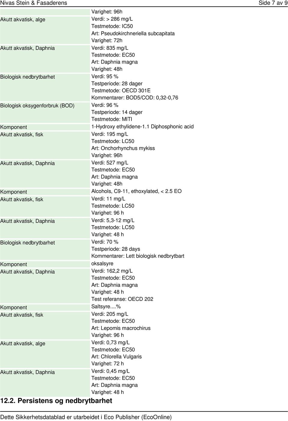 2. Persistens og nedbrytbarhet Varighet: 96h Verdi: > 286 mg/l Testmetode: IC50 Art: Pseudokirchneriella subcapitata Varighet: 72h Verdi: 835 mg/l Art: Daphnia magna Varighet: 48h Verdi: 95 %