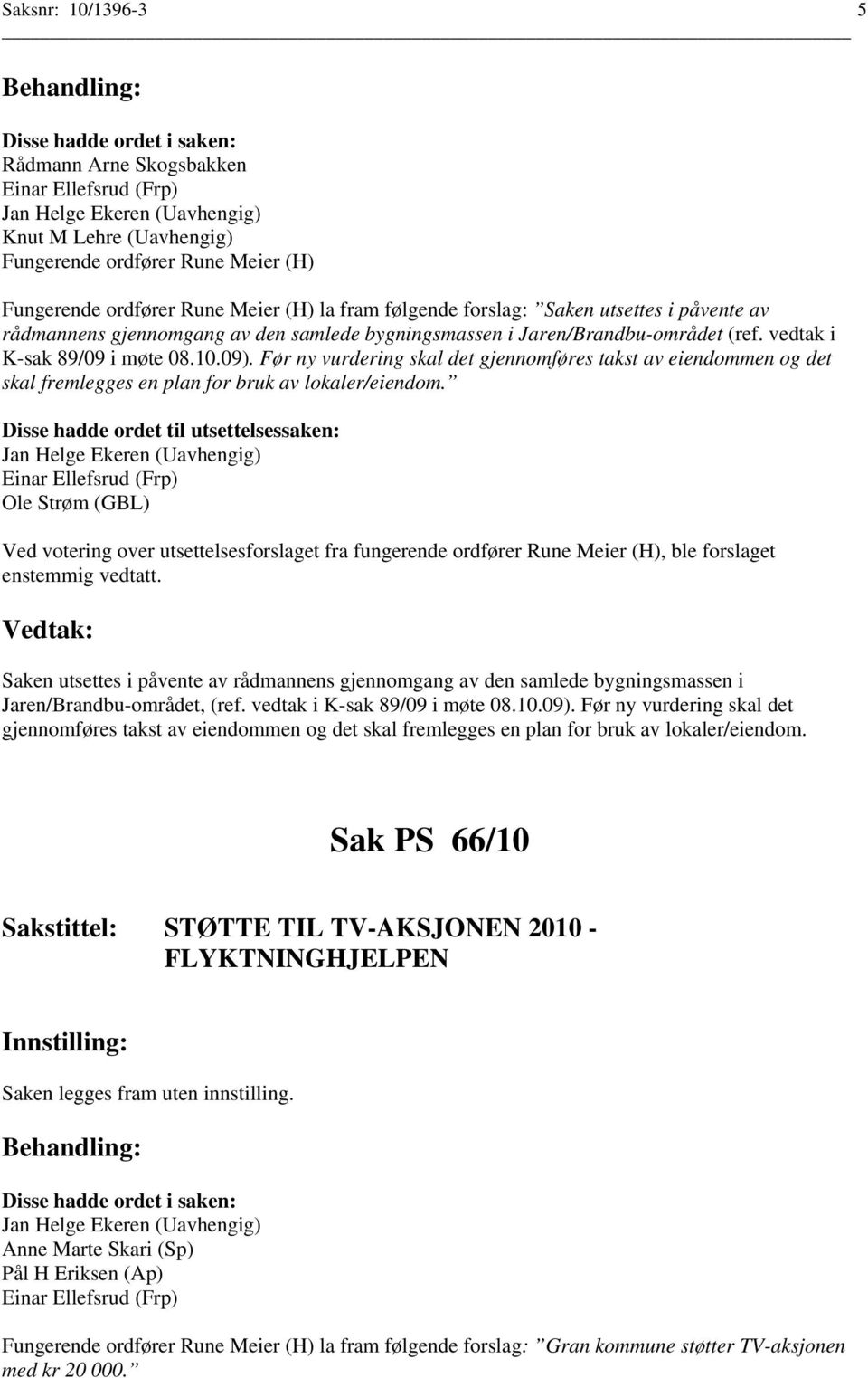 Disse hadde ordet til utsettelsessaken: Einar Ellefsrud (Frp) Ole Strøm (GBL) Ved votering over utsettelsesforslaget fra fungerende ordfører Rune Meier (H), ble forslaget enstemmig vedtatt.