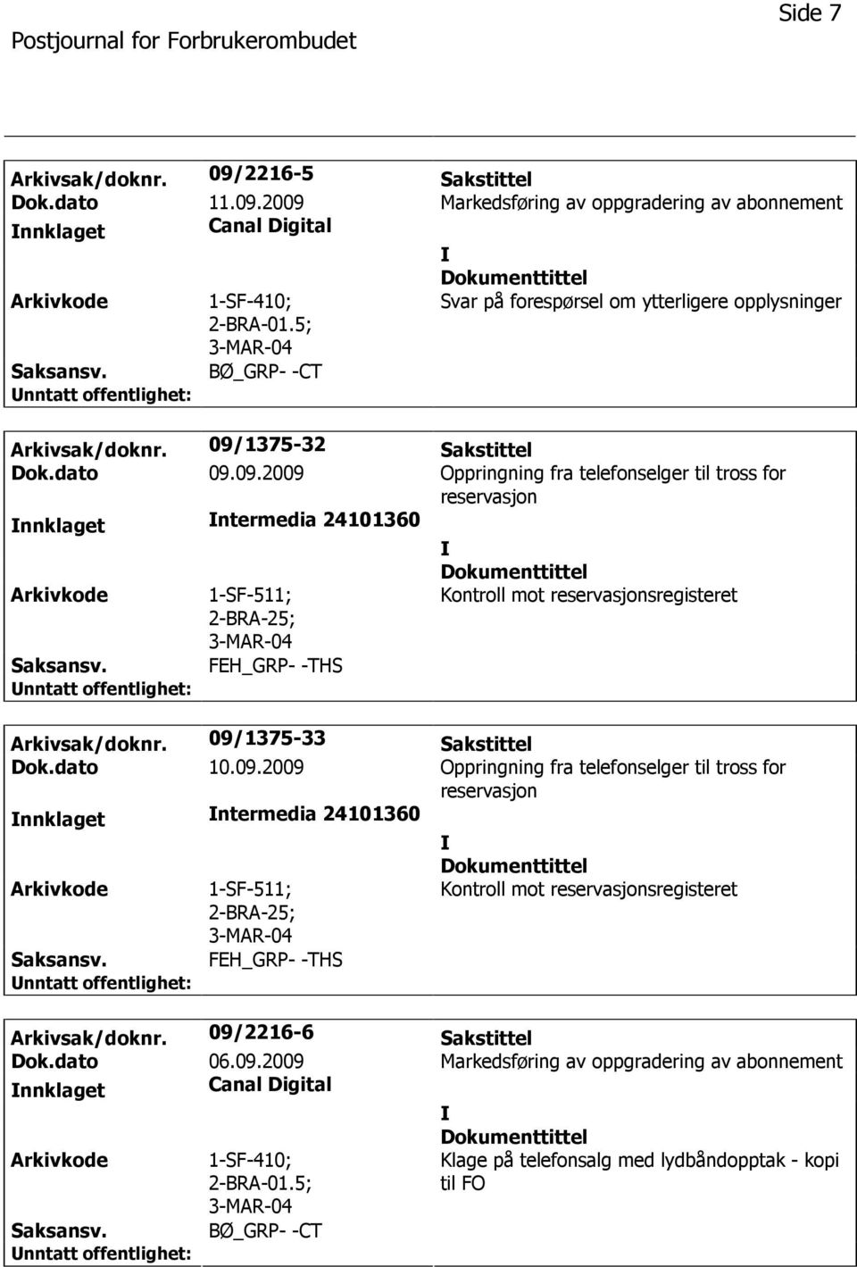 1375-32 Sakstittel Dok.dato 09.09.2009 Oppringning fra telefonselger til tross for reservasjon nnklaget ntermedia 24101360 ; Kontroll mot reservasjonsregisteret Saksansv. FEH_GRP- -THS Arkivsak/doknr.