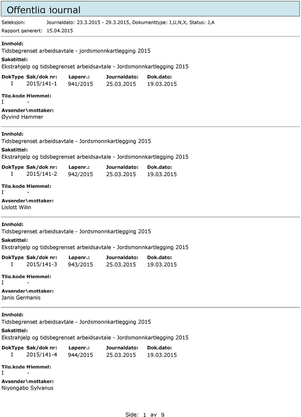 arbeidsavtale - Jordsmonnkartlegging 2015 Ekstrahjelp og tidsbegrenset arbeidsavtale - Jordsmonnkartlegging 2015 2015/141-2 942/2015 - Lislott Wilin nnhold: Tidsbegrenset arbeidsavtale -