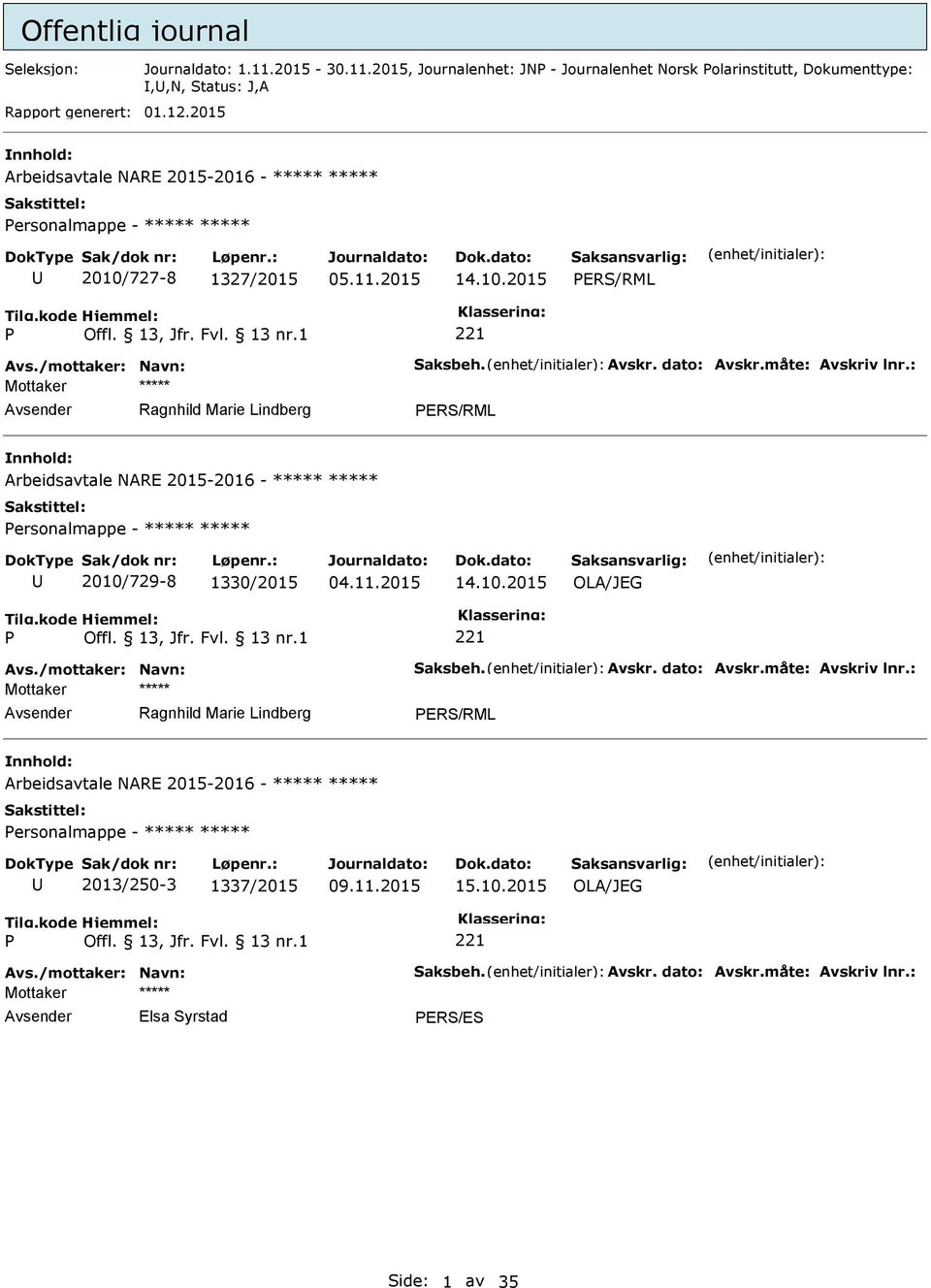 : Ragnhild Marie Lindberg ERS/RML Arbeidsavtale NARE 2015-2016 - ***** ***** ersonalmappe - ***** ***** 2010/729-8 1330/2015 04.11.2015 14.10.2015 Avs./mottaker: Navn: Saksbeh. Avskr. dato: Avskr.