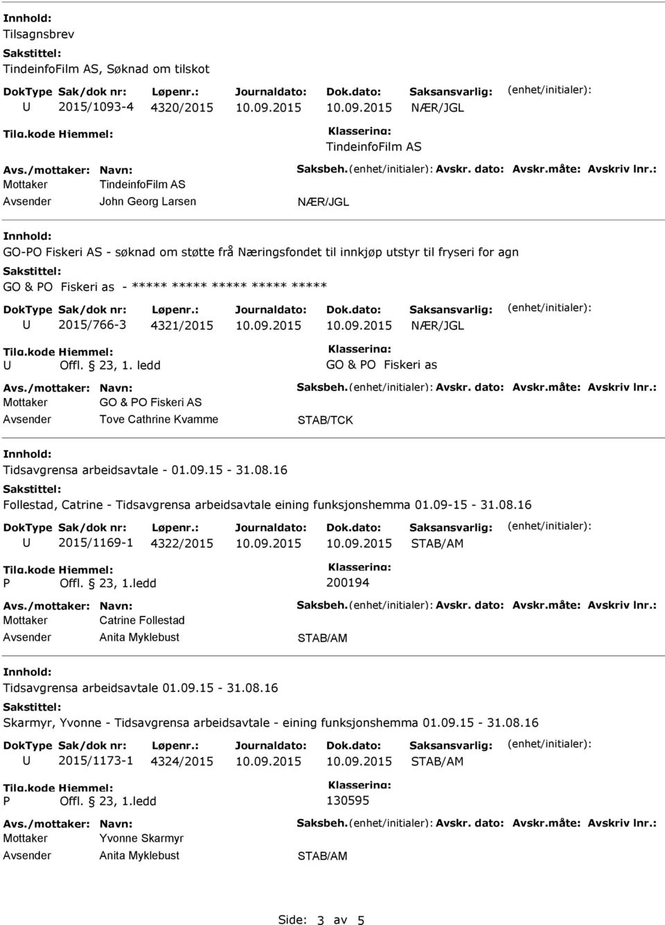 Fiskeri as Avs./mottaker: Navn: Saksbeh. Avskr. dato: Avskr.måte: Avskriv lnr.: Mottaker GO & O Fiskeri AS Follestad, Catrine - Tidsavgrensa arbeidsavtale eining funksjonshemma 01.09-15 - 31.08.