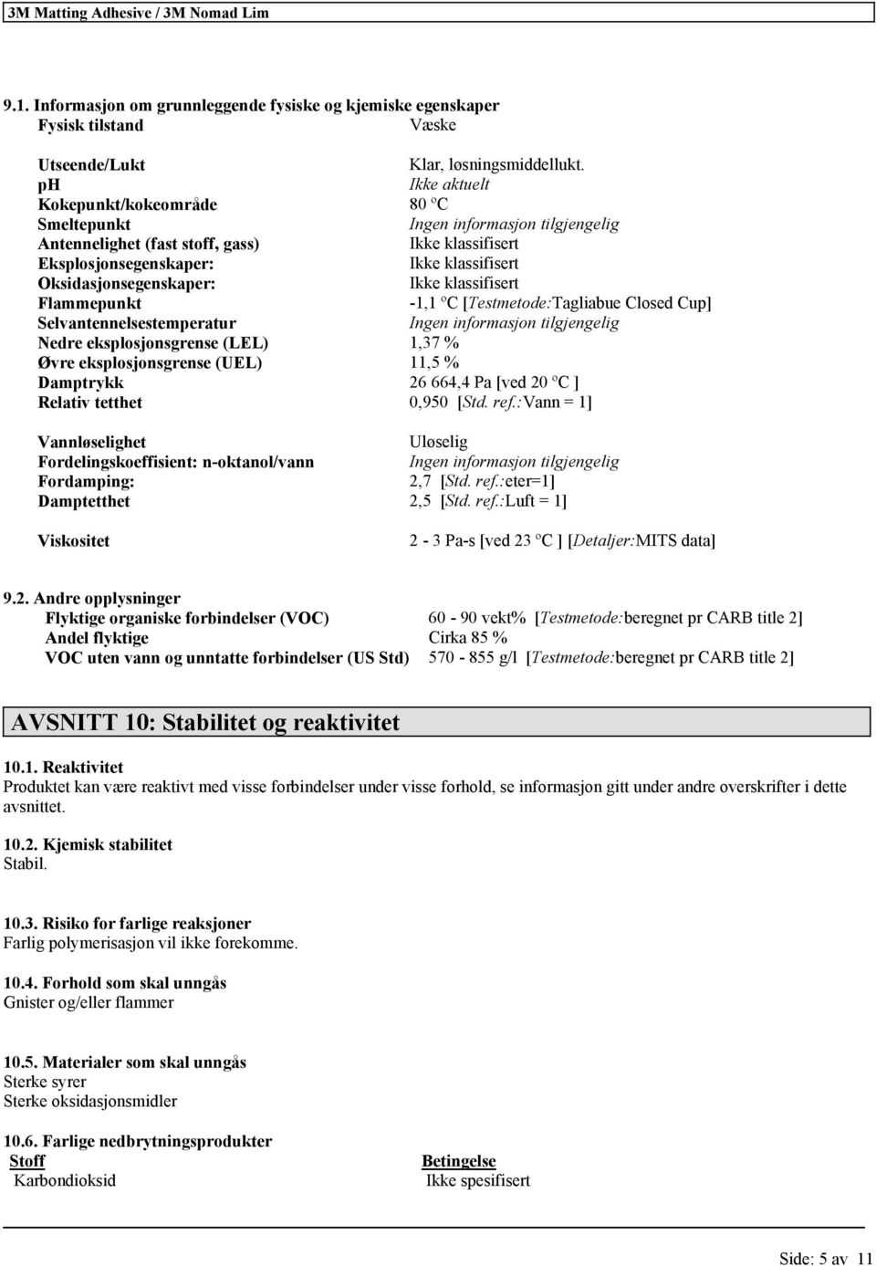 klassifisert Flammepunkt -1,1 ºC [Testmetode:Tagliabue Closed Cup] Selvantennelsestemperatur Ingen informasjon Nedre eksplosjonsgrense (LEL) 1,37 % Øvre eksplosjonsgrense (UEL) 11,5 % Damptrykk 26