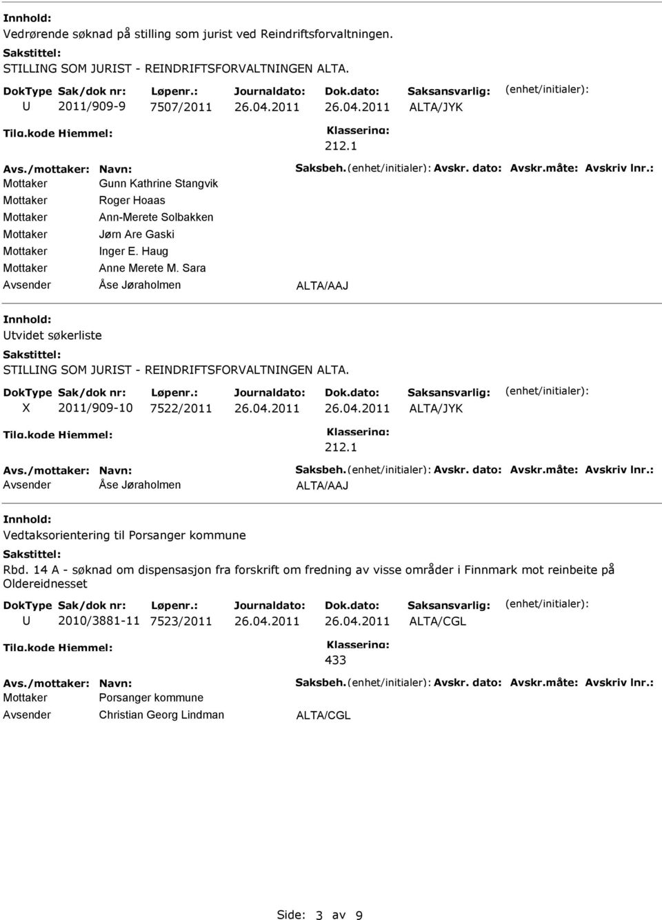 Sara Åse Jøraholmen ALTA/AAJ tvidet søkerliste STLLNG SOM JRST - RENDRFTSFORVALTNNGEN ALTA. 2011/909-10 7522/2011 212.1 Avs./mottaker: Navn: Saksbeh. Avskr. dato: Avskr.måte: Avskriv lnr.