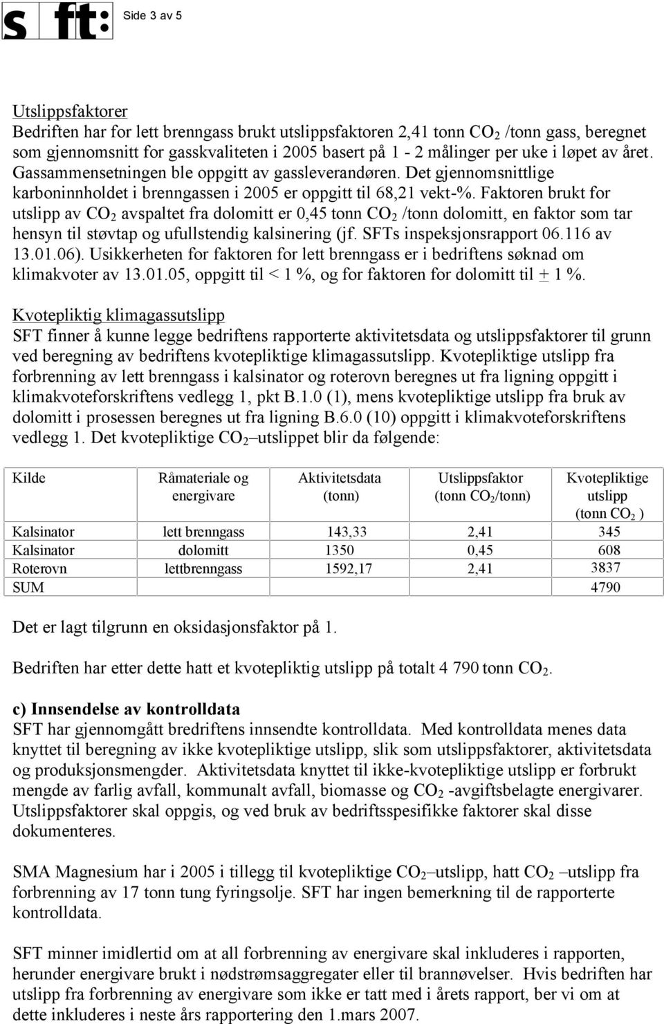 Faktoren brukt for utslipp av CO 2 avspaltet fra dolomitt er 0,45 tonn CO 2 /tonn dolomitt, en faktor som tar hensyn til støvtap og ufullstendig kalsinering (jf. SFTs inspeksjonsrapport 06.116 av 13.