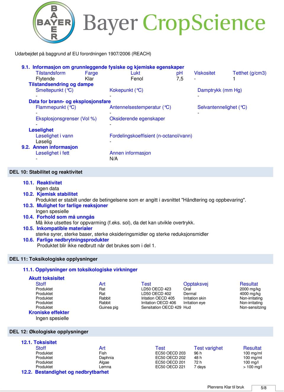 vann Fordelingskoeffisient (noctanol/vann) Løselig 9.2. Annen informasjon Løselighet i fett Annen informasjon N/A DEL 10: Stabilitet og reaktivitet 10.1. Reaktivitet Ingen data 10.2. Kjemisk stabilitet er stabilt under de betingelsene som er angitt i avsnittet "Håndtering og oppbevaring".