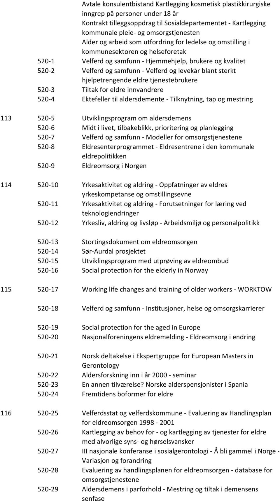 blant sterkt hjelpetrengende eldre tjenestebrukere 520-3 Tiltak for eldre innvandrere 520-4 Ektefeller til aldersdemente - Tilknytning, tap og mestring 113 520-5 Utviklingsprogram om aldersdemens