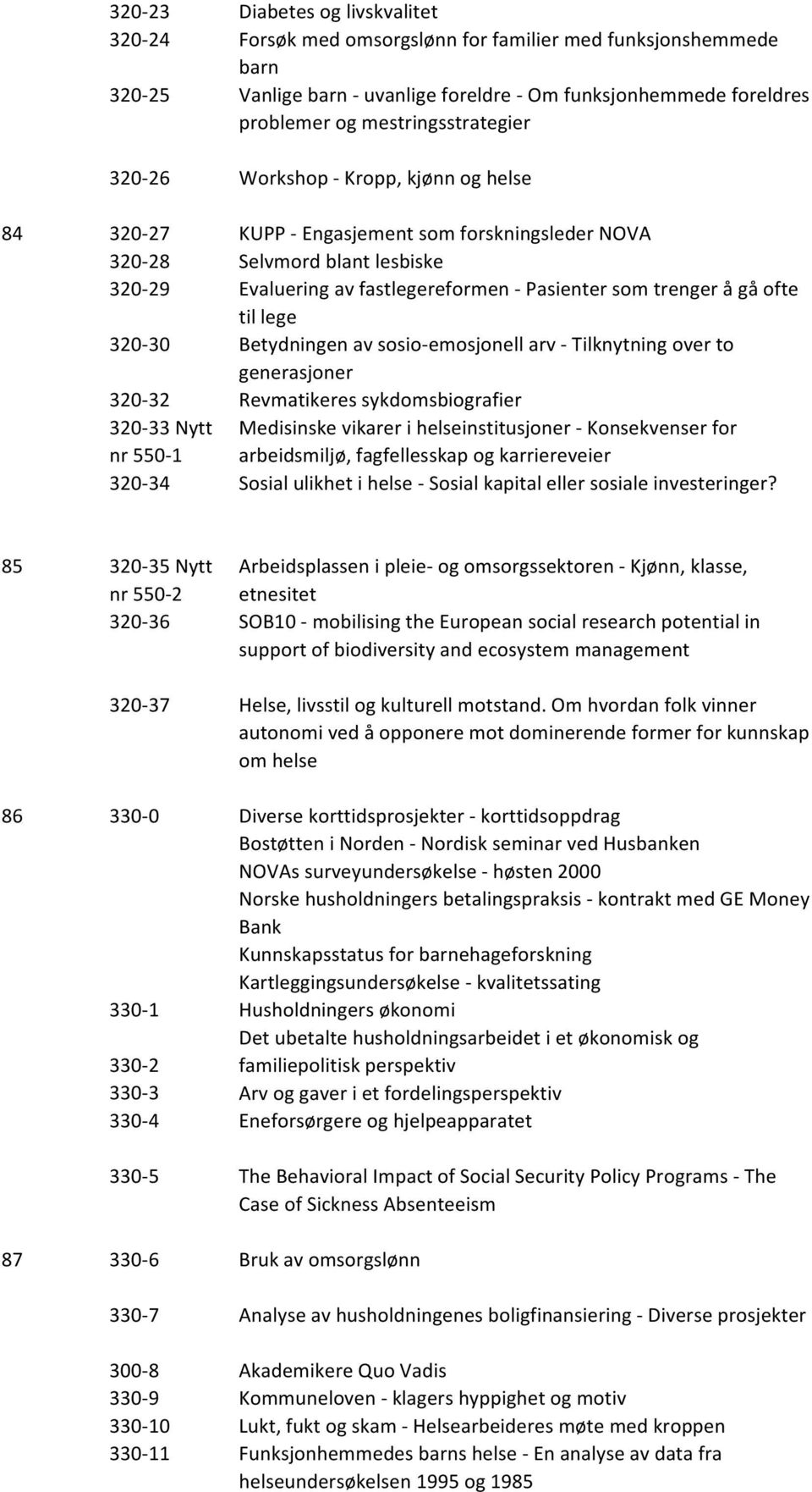 trenger å gå ofte til lege 320-30 Betydningen av sosio-emosjonell arv - Tilknytning over to generasjoner 320-32 Revmatikeres sykdomsbiografier 320-33 Nytt Medisinske vikarer i helseinstitusjoner -