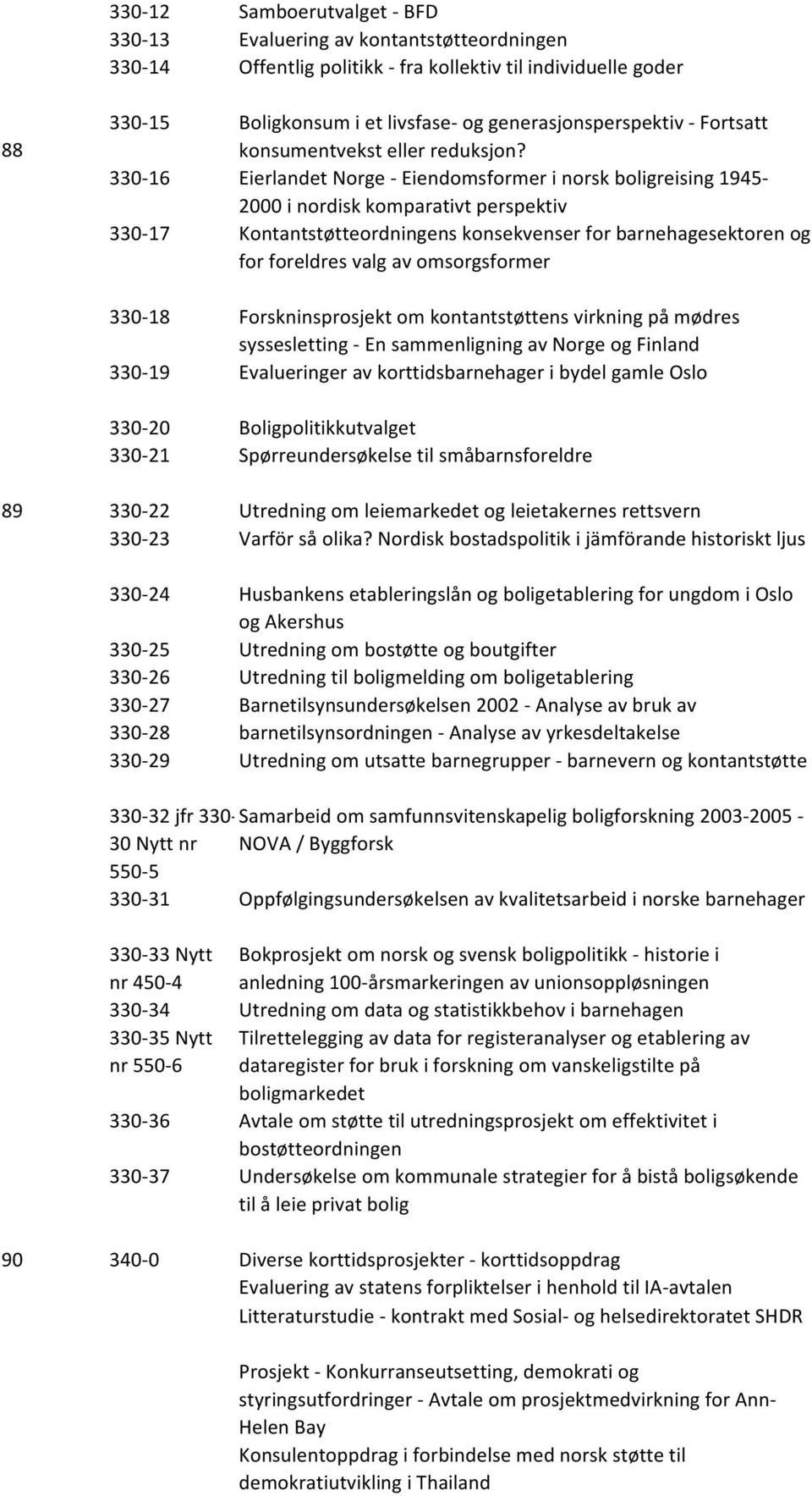 330-16 Eierlandet Norge - Eiendomsformer i norsk boligreising 1945-2000 i nordisk komparativt perspektiv 330-17 Kontantstøtteordningens konsekvenser for barnehagesektoren og for foreldres valg av