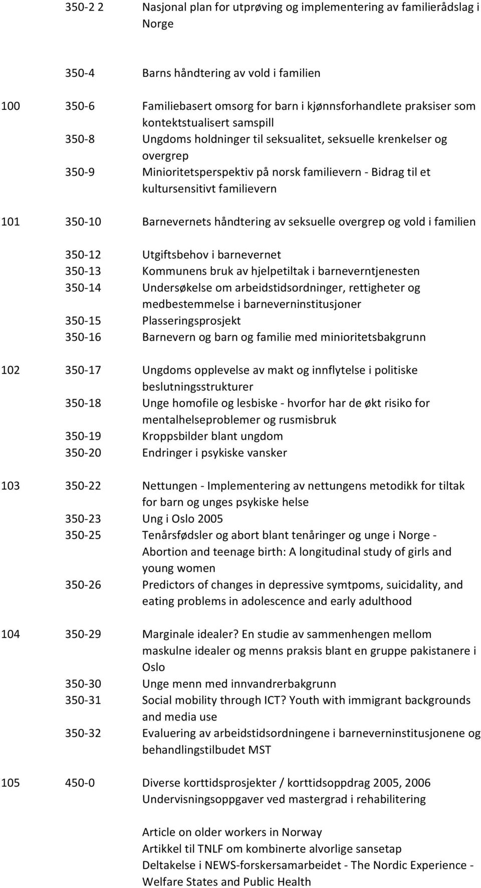 350-10 Barnevernets håndtering av seksuelle overgrep og vold i familien 350-12 Utgiftsbehov i barnevernet 350-13 Kommunens bruk av hjelpetiltak i barneverntjenesten 350-14 Undersøkelse om