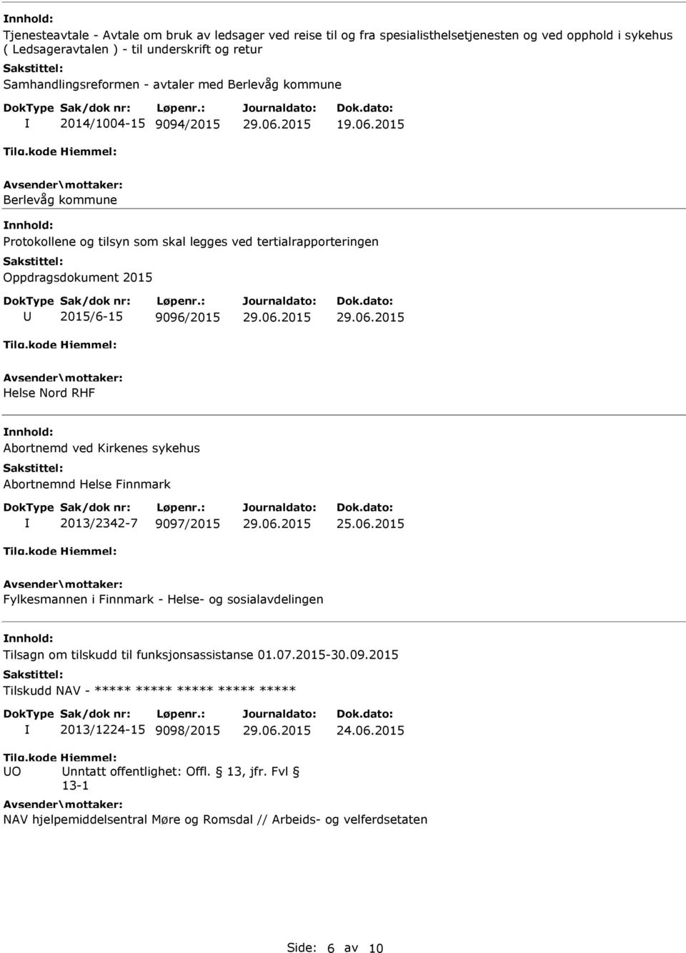 2015 Berlevåg kommune nnhold: Protokollene og tilsyn som skal legges ved tertialrapporteringen Oppdragsdokument 2015 U 2015/6-15 9096/2015 Helse Nord RHF nnhold: Abortnemd ved Kirkenes sykehus