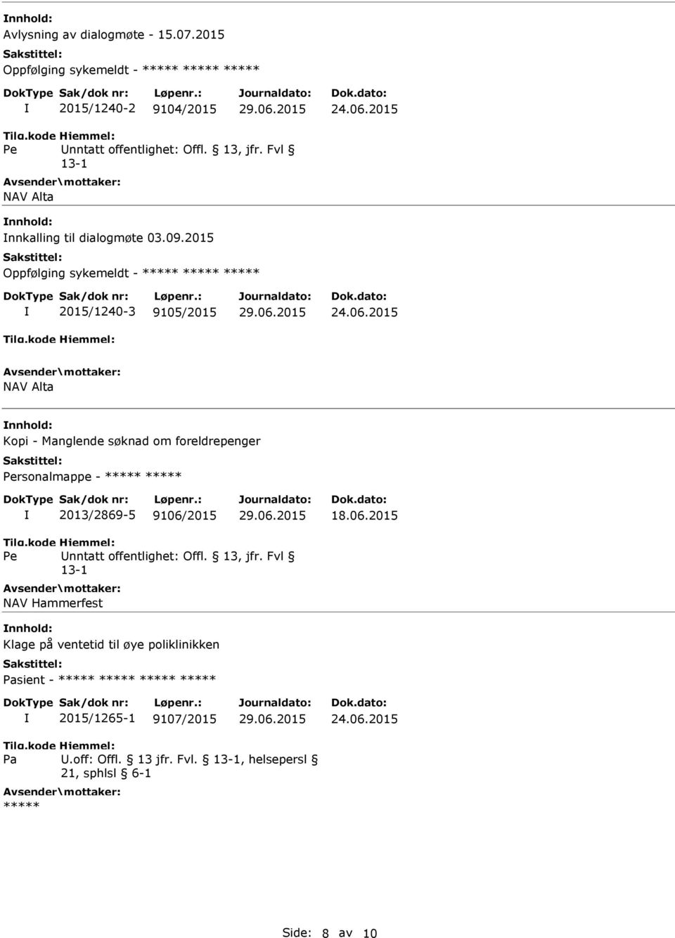 2015 NAV Alta nnhold: Kopi - Manglende søknad om foreldrepenger Personalmappe - ***** ***** 2013/2869-5 9106/2015 18.06.2015 Pe Unntatt offentlighet: Offl. 13, jfr.