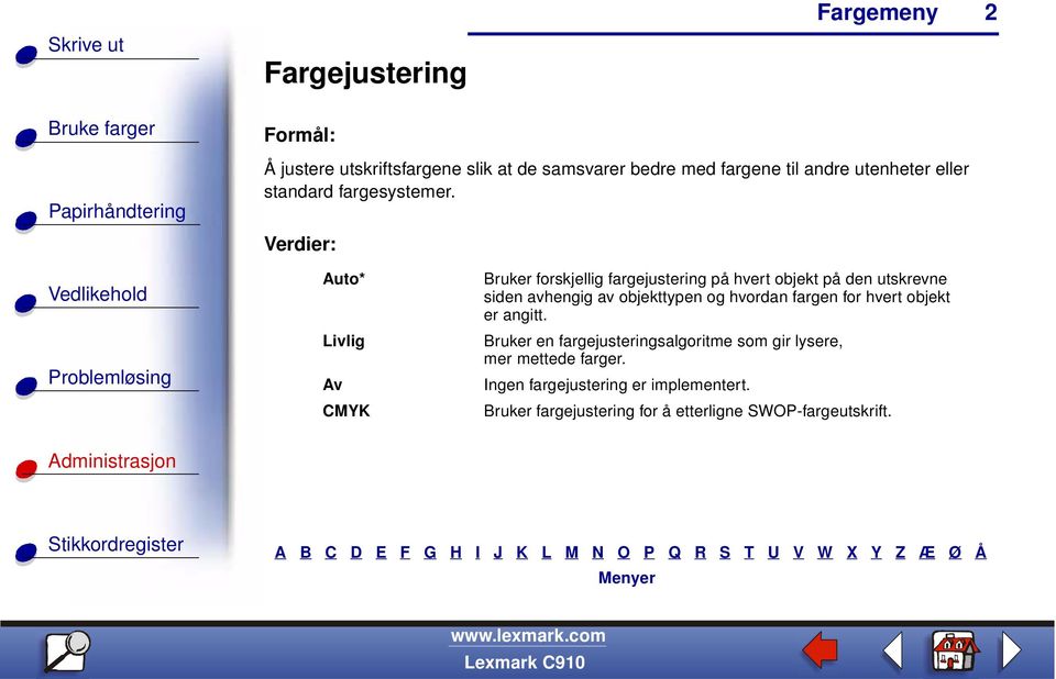 Verdier: Auto* CMYK Bruker forskjellig fargejustering på hvert objekt på den utskrevne siden avhengig av objekttypen