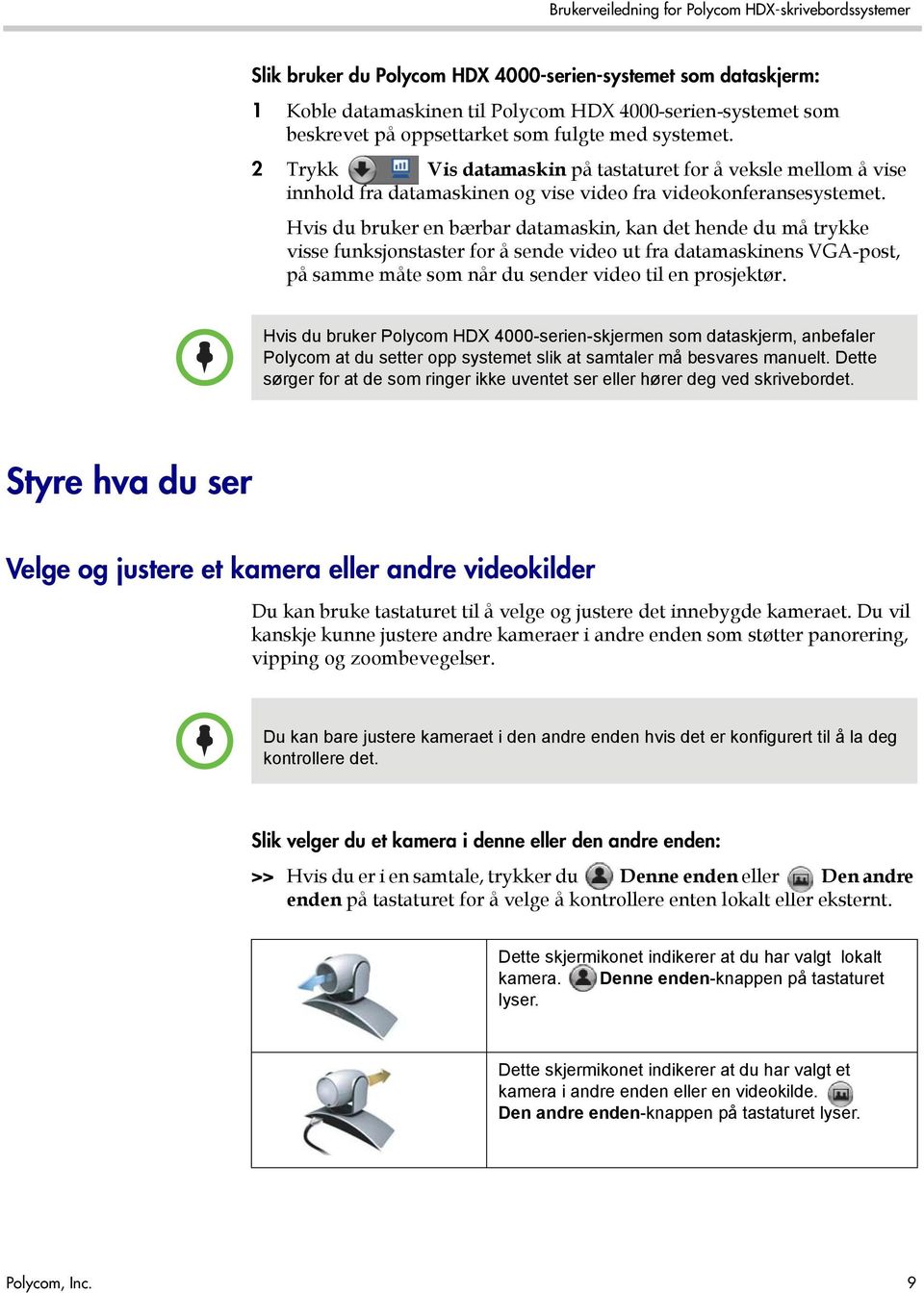 Hvis du bruker en bærbar datamaskin, kan det hende du må trykke visse funksjonstaster for å sende video ut fra datamaskinens VGA-post, på samme måte som når du sender video til en prosjektør.