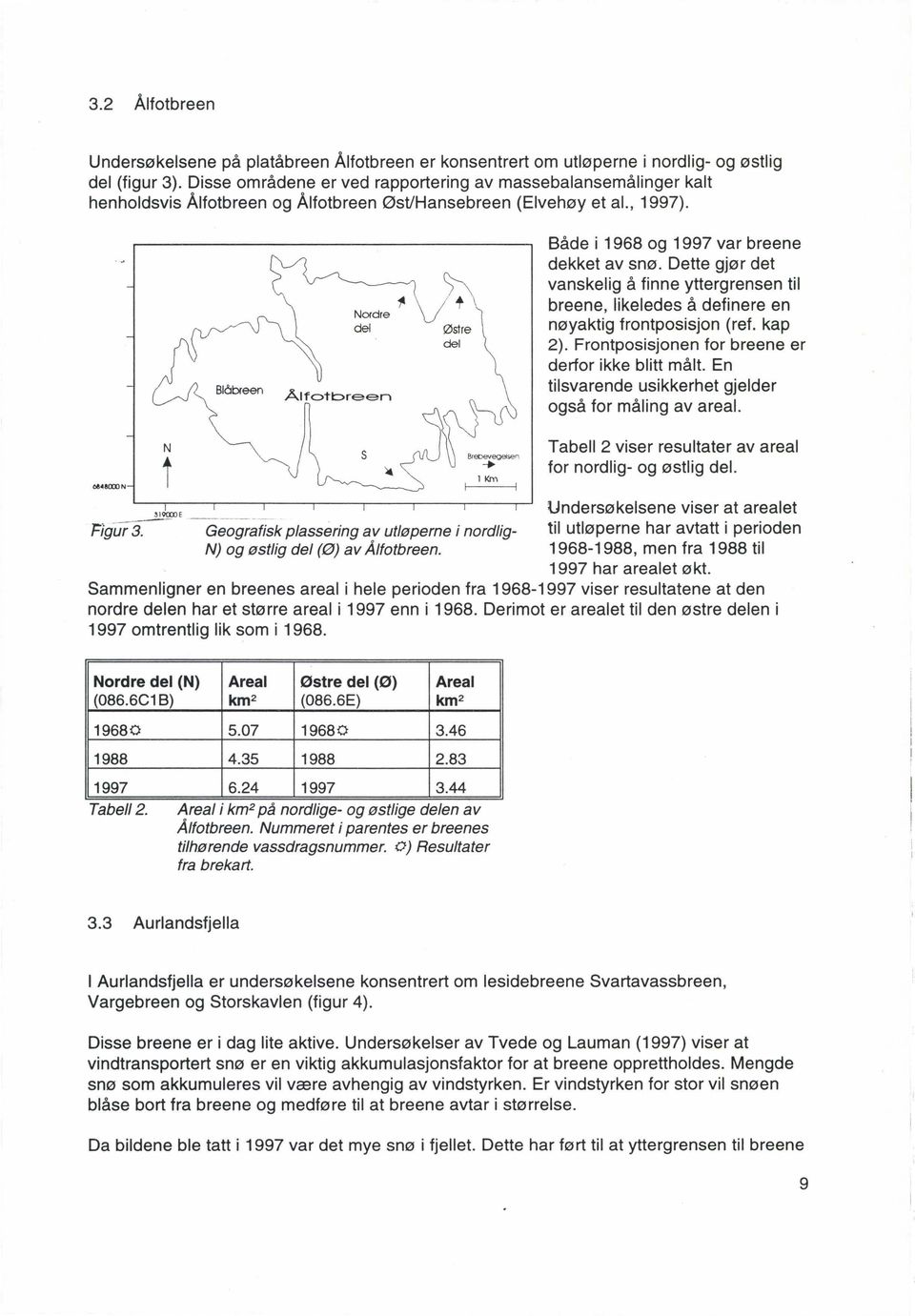 Nordre del Ålfotbreen østre del Både i 1968 og 1997 var breene dekket av snø. Dette gjør det vanskelig å finne yttergrensen til breene, likeledes å definere en nøyaktig frontposisjon (ref. kap 2).