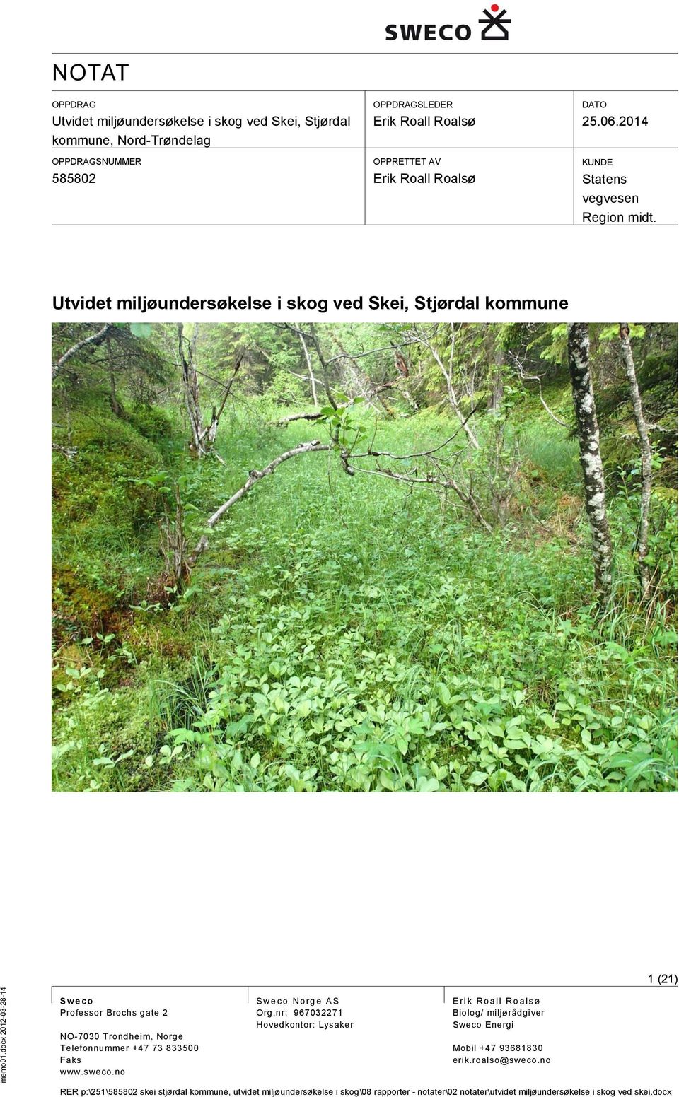 Utvidet miljøundersøkelse i skog ved Skei, Stjørdal kommune 1 (21) S w e co Professor Brochs gate 2 NO-7030 Trondheim, Norge