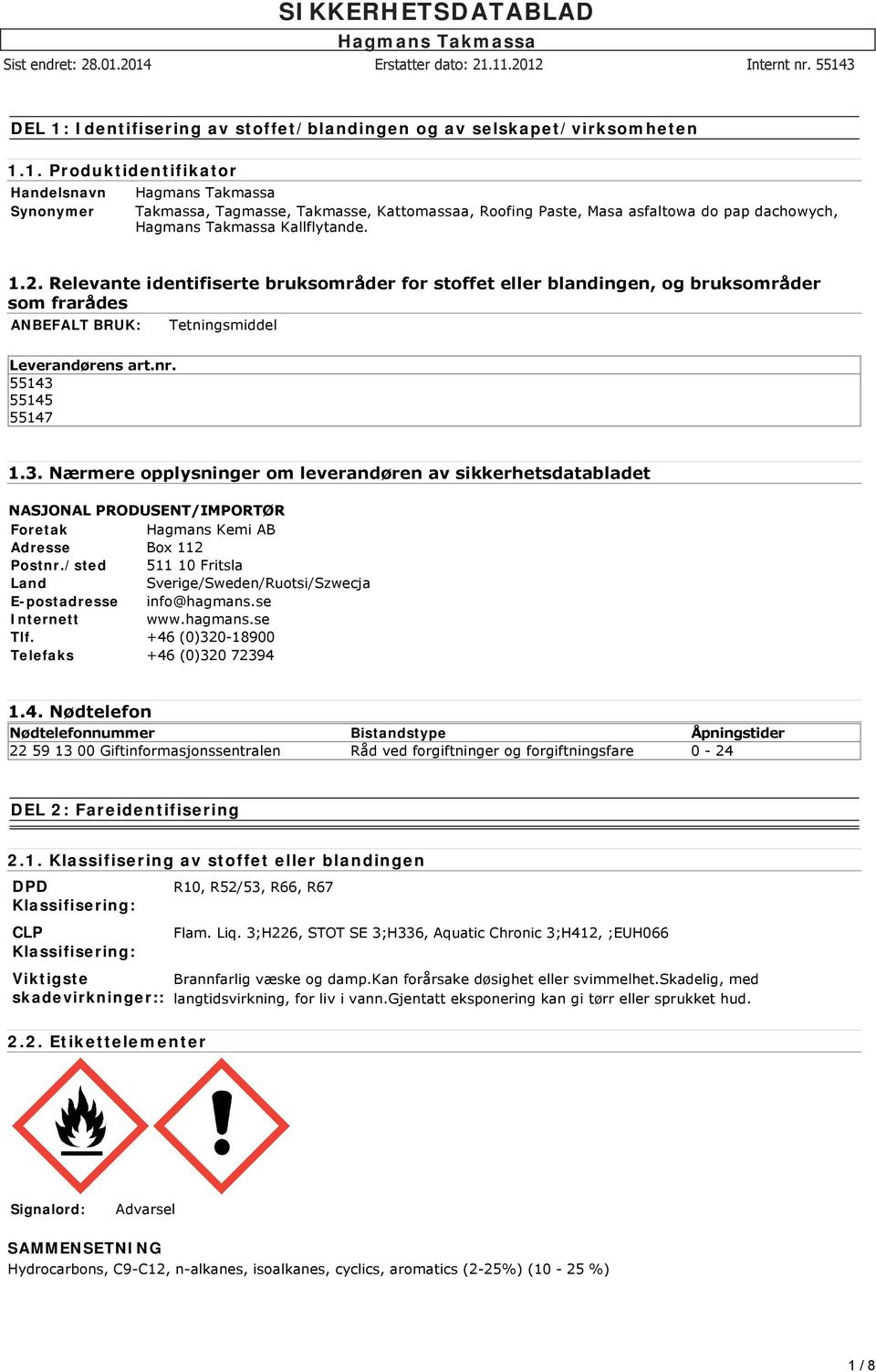 55145 55147 1.3. Nærmere opplysninger om leverandøren av sikkerhetsdatabladet NASJONAL PRODUSENT/IMPORTØR Foretak Hagmans Kemi AB Adresse Box 112 Postnr.