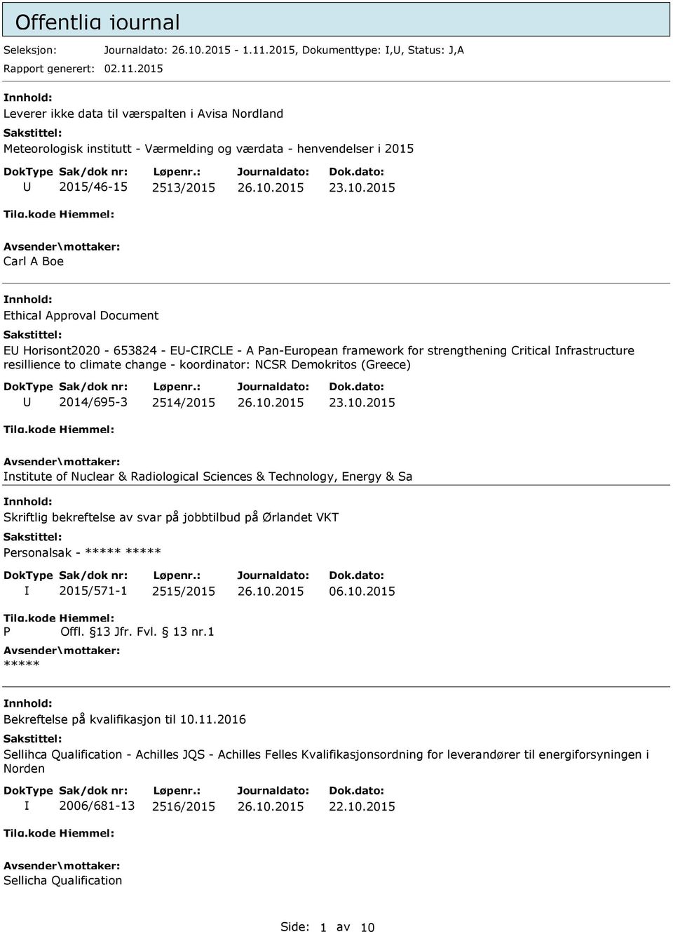 2015 Carl A Boe Ethical Approval Document E Horisont2020-653824 - E-CRCLE - A an-european framework for strengthening Critical nfrastructure resillience to climate change - koordinator: NCSR