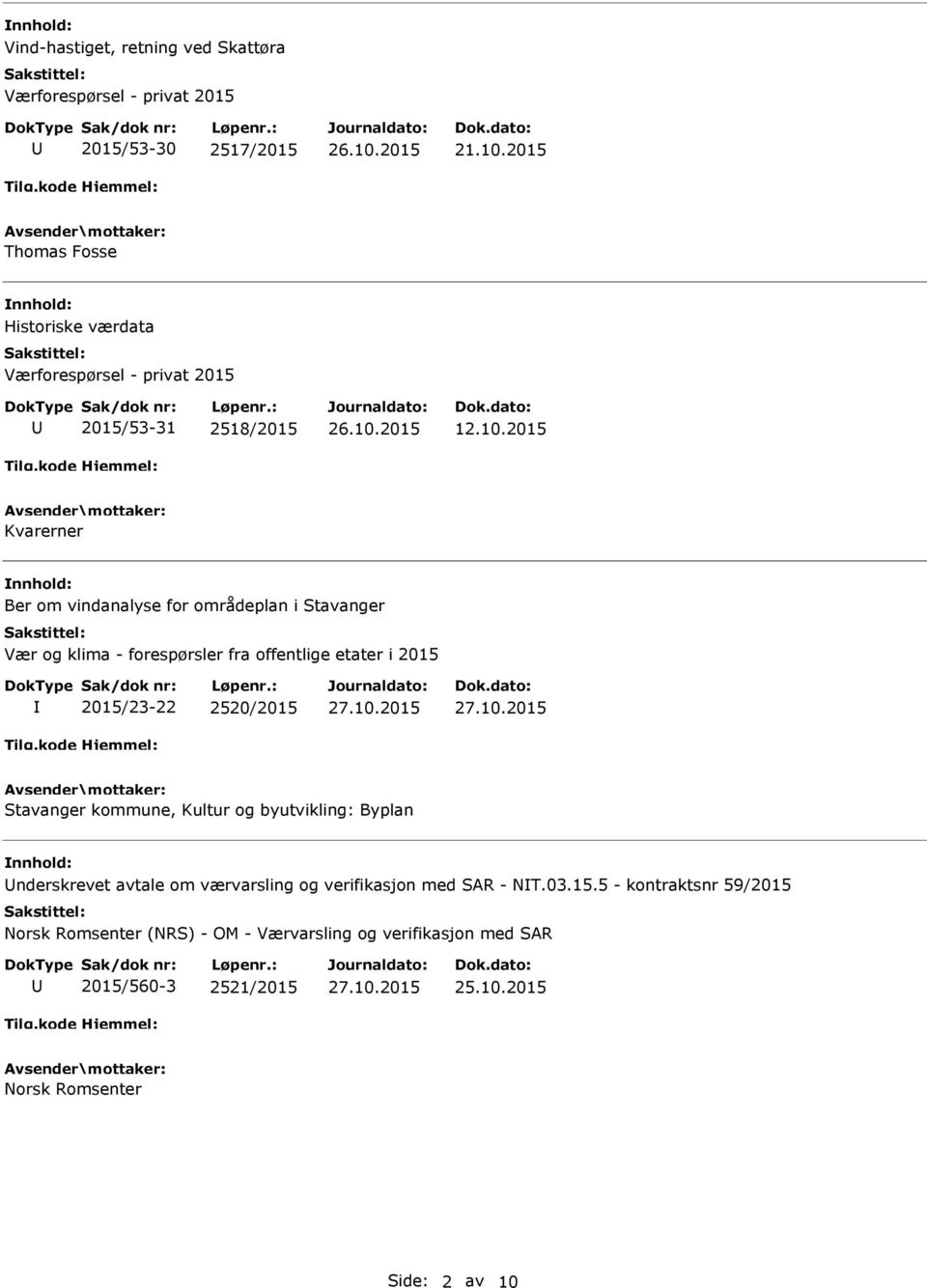 2015 Kvarerner Ber om vindanalyse for områdeplan i Stavanger Vær og klima - forespørsler fra offentlige etater i 2015 2015/23-22 2520/2015