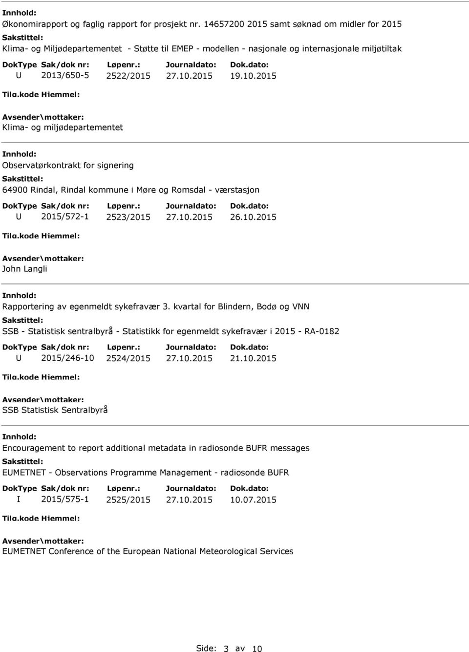 2015 Klima- og miljødepartementet Observatørkontrakt for signering 64900 Rindal, Rindal kommune i Møre og Romsdal - værstasjon 2015/572-1 2523/2015 John Langli Rapportering av egenmeldt sykefravær 3.