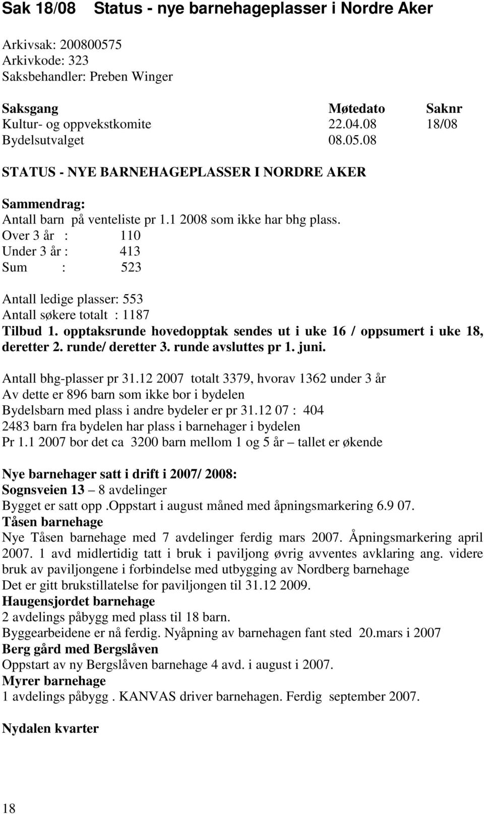 Over 3 år : 110 Under 3 år : 413 Sum : 523 Antall ledige plasser: 553 Antall søkere totalt : 1187 Tilbud 1. opptaksrunde hovedopptak sendes ut i uke 16 / oppsumert i uke 18, deretter 2.