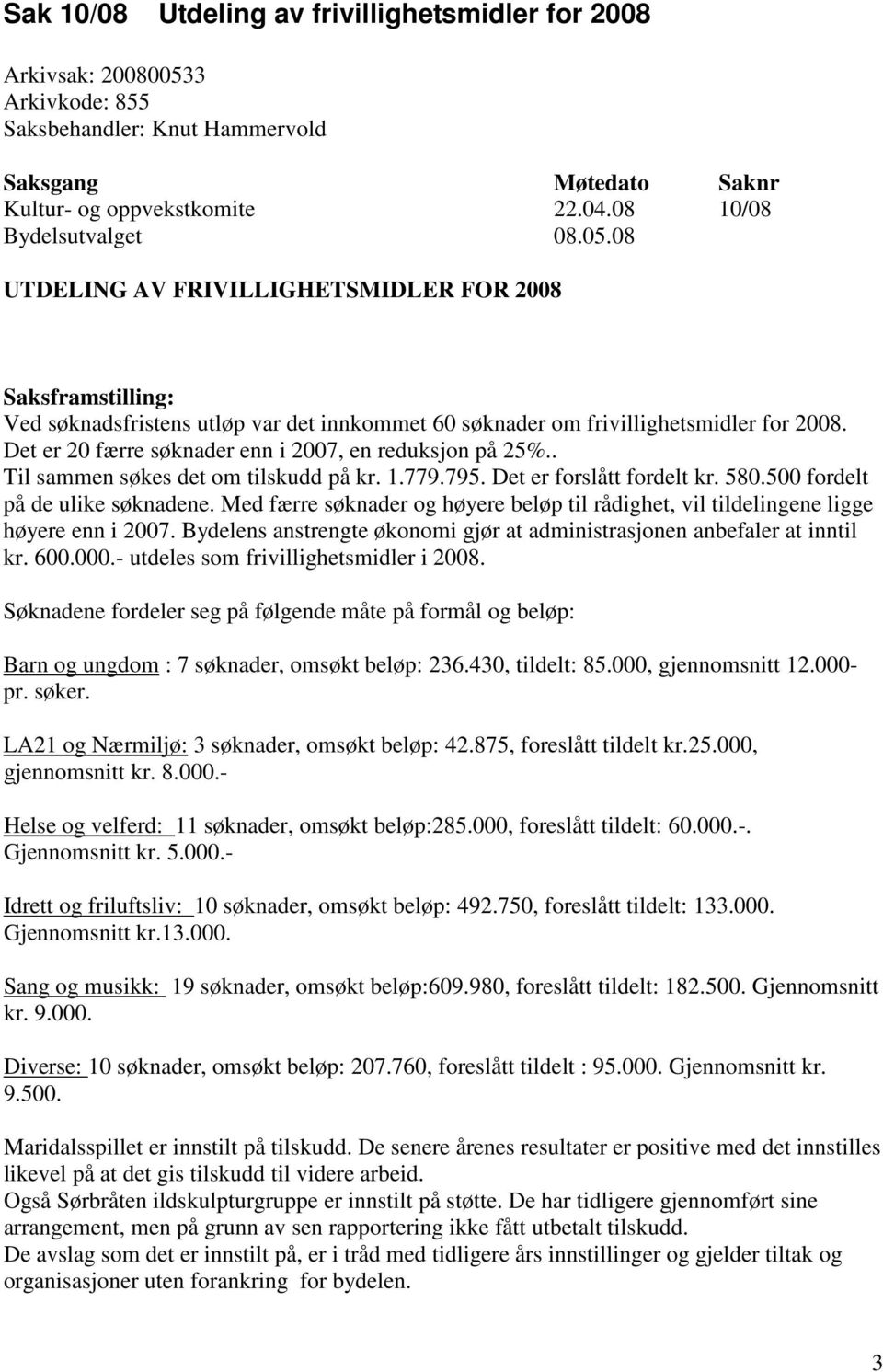 Det er 20 færre søknader enn i 2007, en reduksjon på 25%.. Til sammen søkes det om tilskudd på kr. 1.779.795. Det er forslått fordelt kr. 580.500 fordelt på de ulike søknadene.