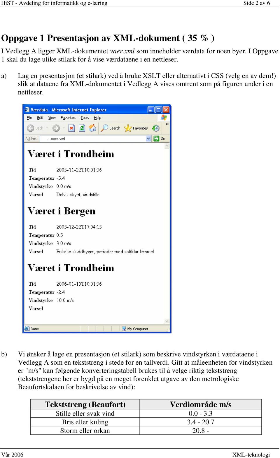 ) slik at dataene fra XML-dokumentet i Vedlegg A vises omtrent som på figuren under i en nettleser.