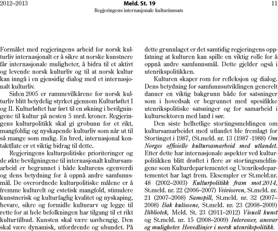 norsk kultur kan inngå i en gjensidig dialog med et internasjonalt kulturliv. Siden 2005 er rammevilkårene for norsk kulturliv blitt betydelig styrket gjennom Kulturløftet I og II.