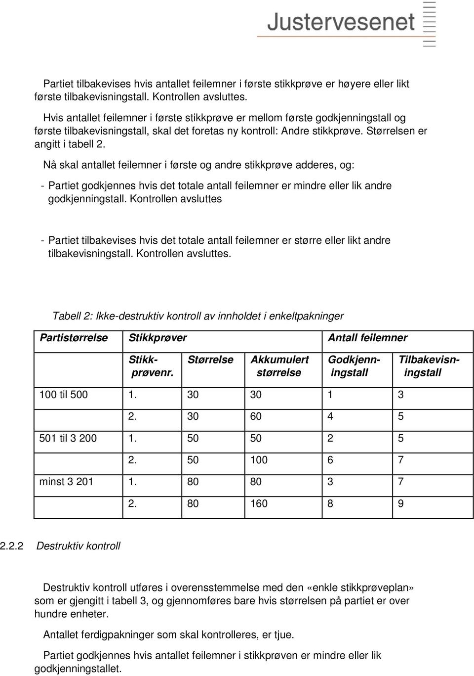 Nå skal antallet feilemner i første og andre stikkprøve adderes, og: - Partiet godkjennes hvis det totale antall feilemner er mindre eller lik andre godkjenningstall.