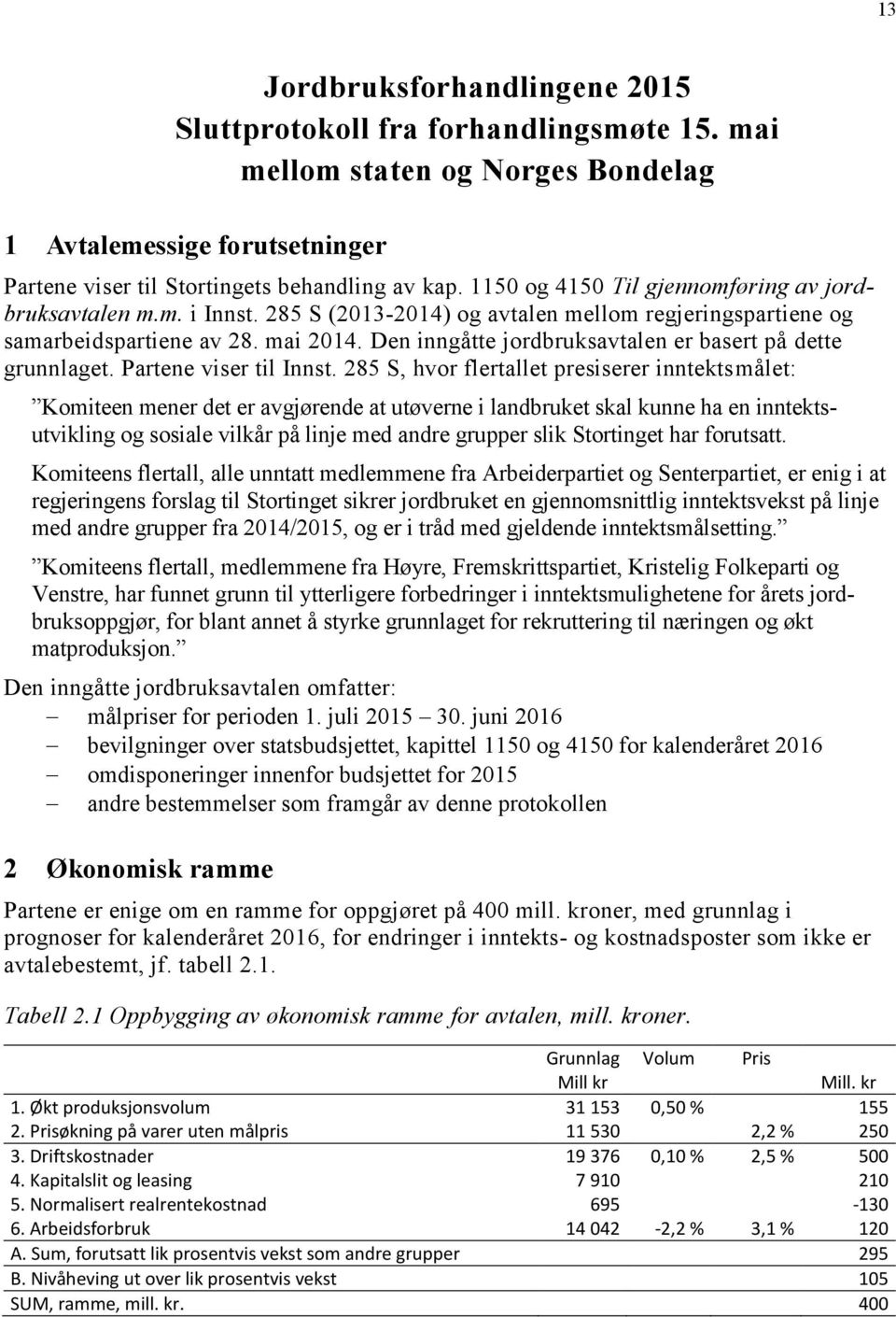 Den inngåtte jordbruksavtalen er basert på dette grunnlaget. Partene viser til Innst.